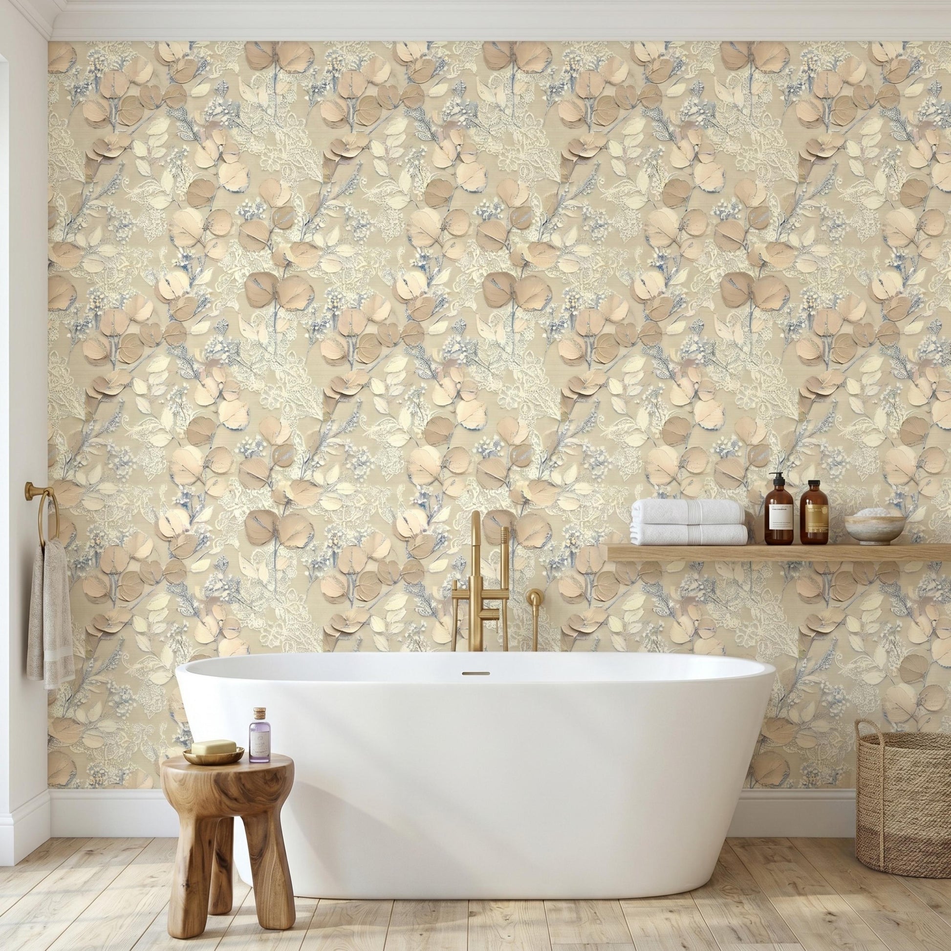 Neutral Botanical Wallpaper, 3D Effect Floral Wall Mural, Beige Leaf Peel and Stick Wallpaper, Elegant Living Room Decor-WP0132