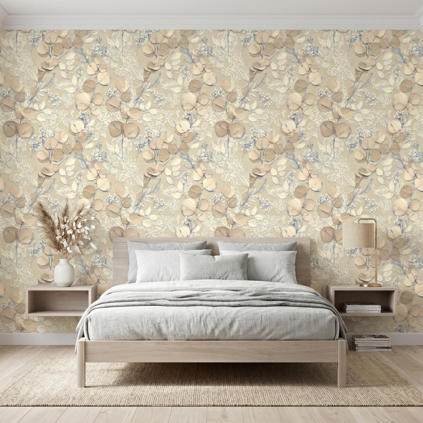 Neutral Botanical Wallpaper, 3D Effect Floral Wall Mural, Beige Leaf Peel and Stick Wallpaper, Elegant Living Room Decor-WP0132