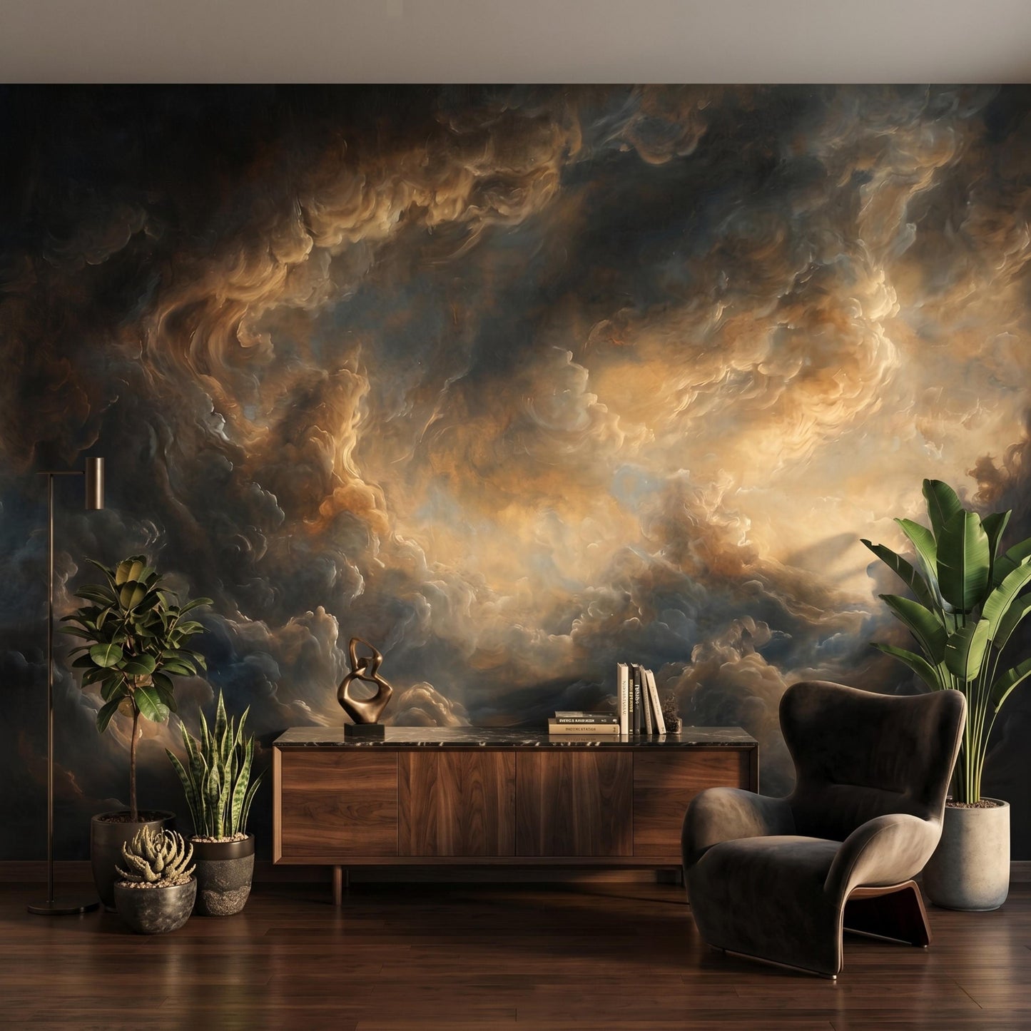Dark Moody Cloud Wallpaper, Dramatic Ethereal Sky Wall Mural, Vintage Abstract Stormy Clouds, Peel and Stick Removable Accent Wall-WP0105