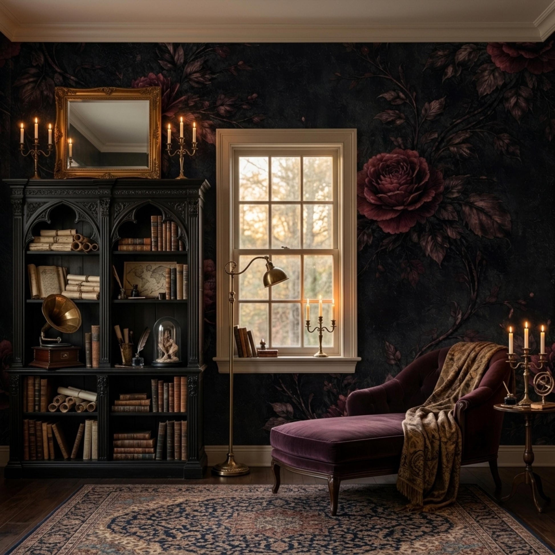 Dark Floral Wallpaper – Gothic Victorian Rose Mural, Dark Academia Removable Wall Art-WP0044