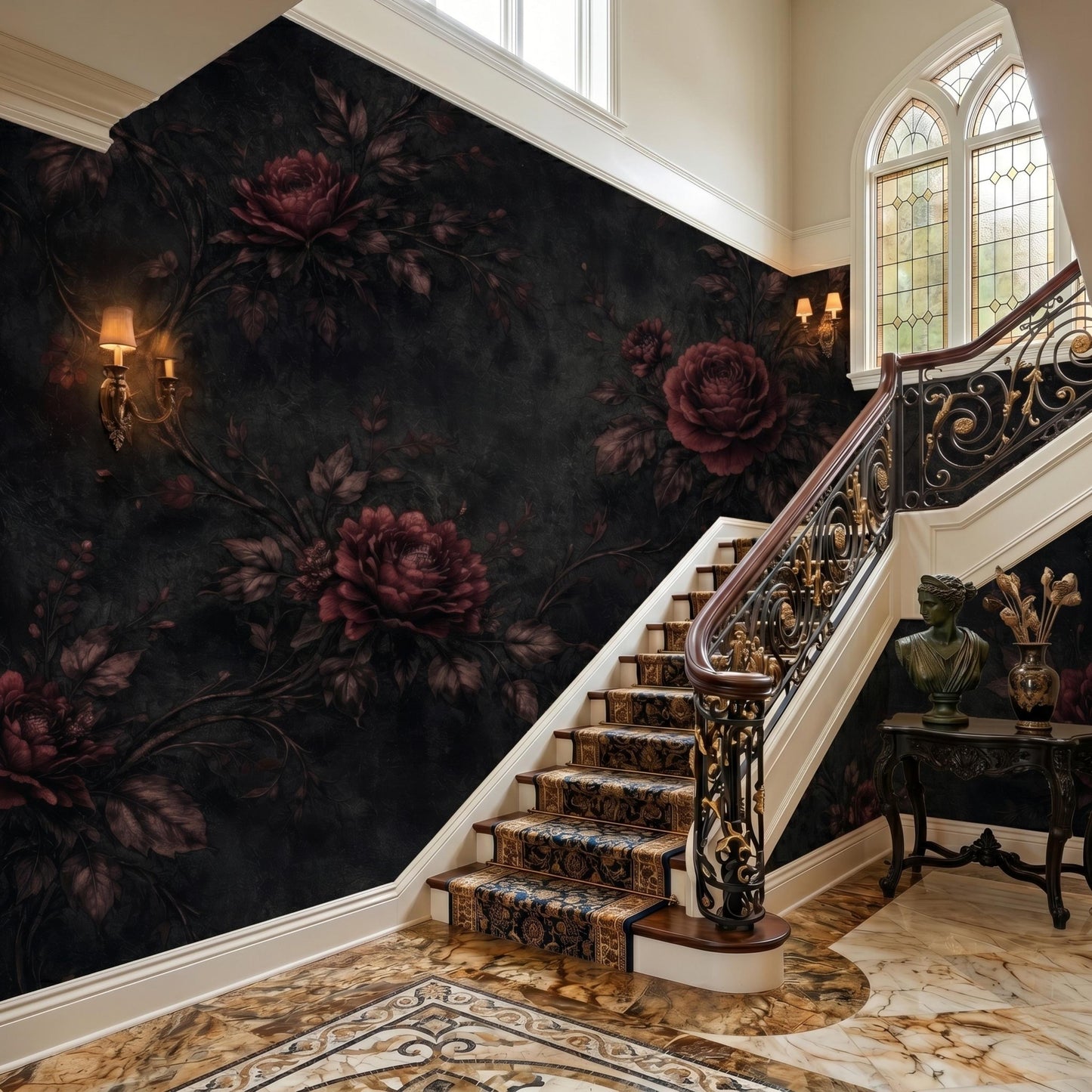Dark Floral Wallpaper – Gothic Victorian Rose Mural, Dark Academia Removable Wall Art-WP0044