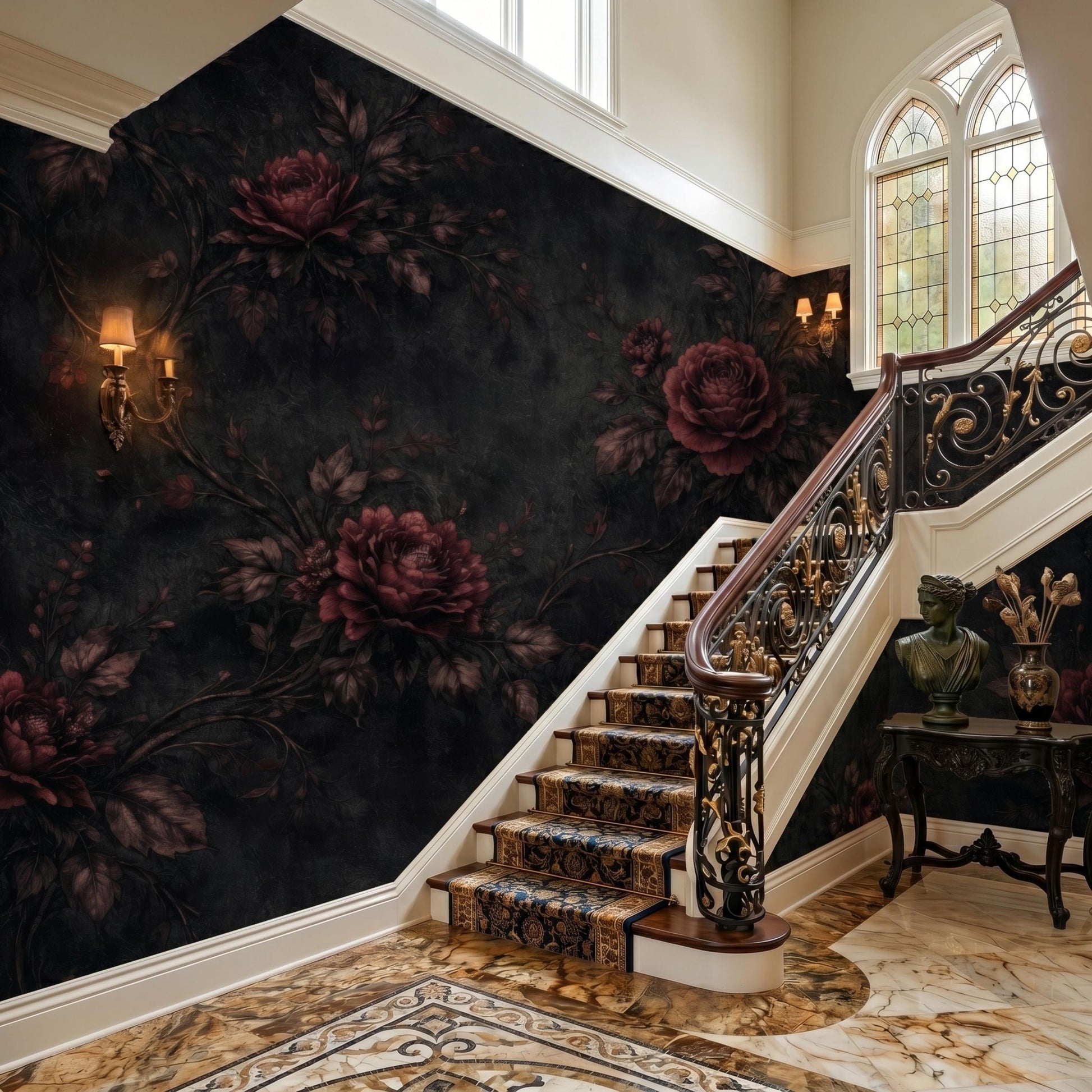 Dark Floral Wallpaper – Gothic Victorian Rose Mural, Dark Academia Removable Wall Art-WP0044