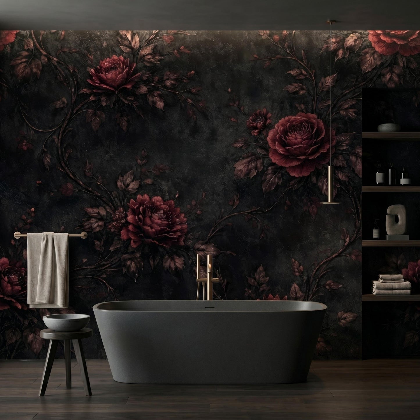 Dark Floral Wallpaper – Gothic Victorian Rose Mural, Dark Academia Removable Wall Art-WP0044