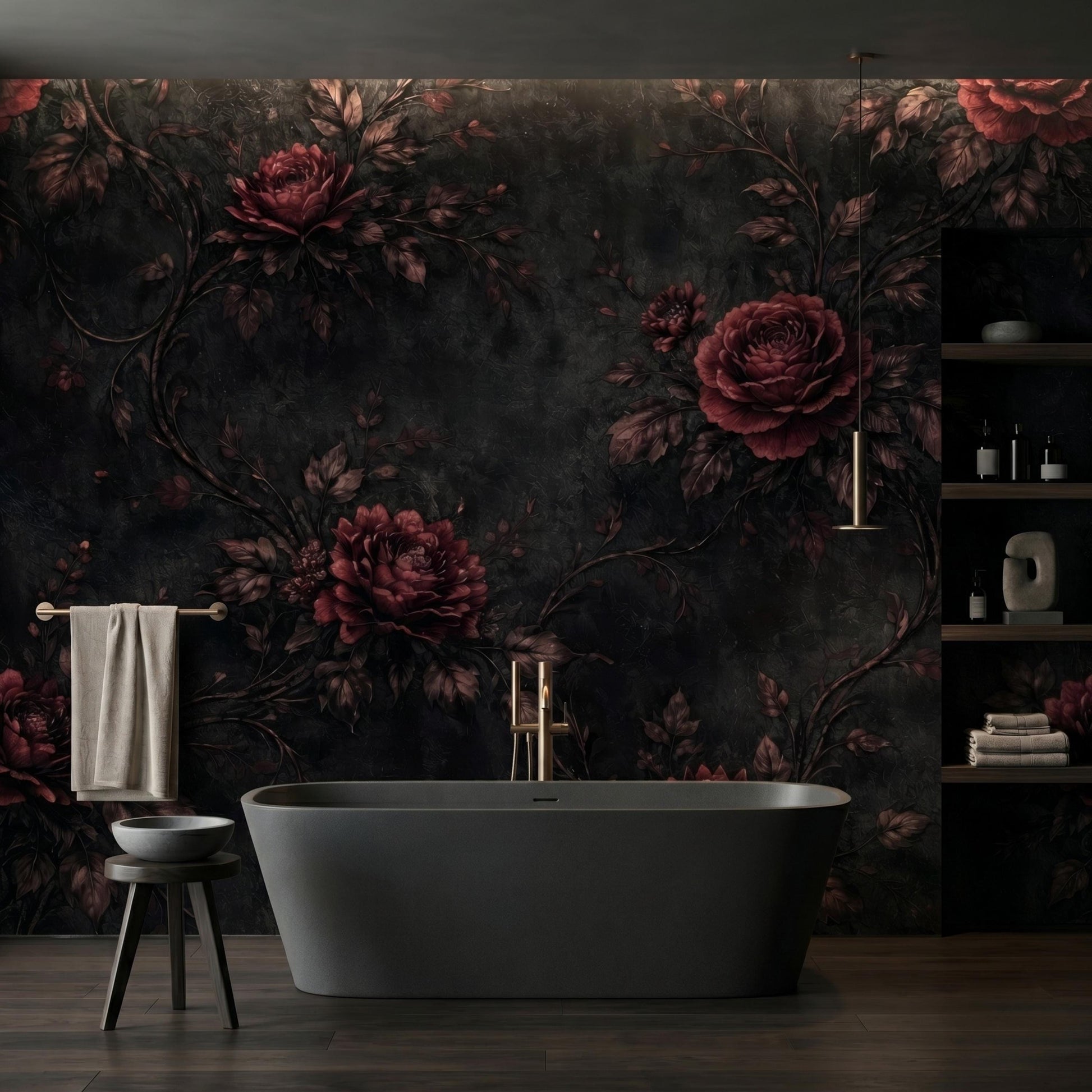Dark Floral Wallpaper – Gothic Victorian Rose Mural, Dark Academia Removable Wall Art-WP0044
