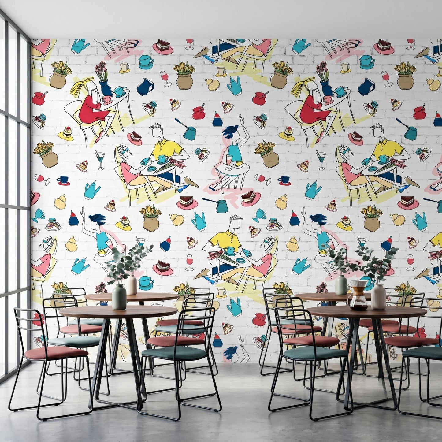 Cafe Illustration Sketch Peel and Stick Wallpaper, Parisian Coffee Shop Wall Mural, Whimsical Bistro Decor, Doodle Art Mural-WP0136