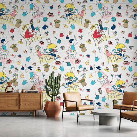 Cafe Illustration Sketch Peel and Stick Wallpaper, Parisian Coffee Shop Wall Mural, Whimsical Bistro Decor, Doodle Art Mural-WP0136