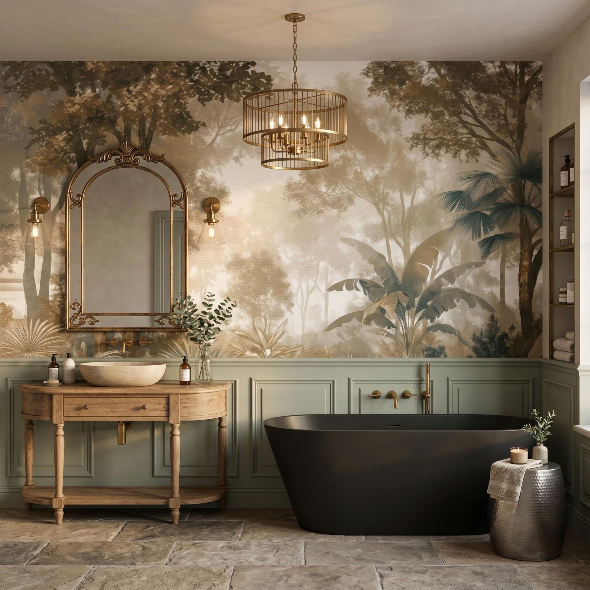 Vintage Tropical Jungle Forest Wallpaper Mural, French Country Wall Decor, Muted Sepia Landscape Art-WP0137
