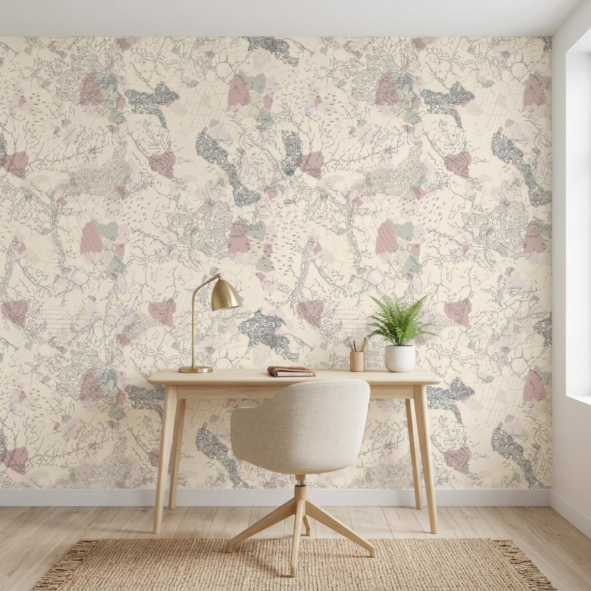 Vintage Abstract Map Wallpaper Peel and Stick, Pastel Cartography Wall Mural, Neutral Boho Room Decor, Removable Topography Wallpaper-WP0107