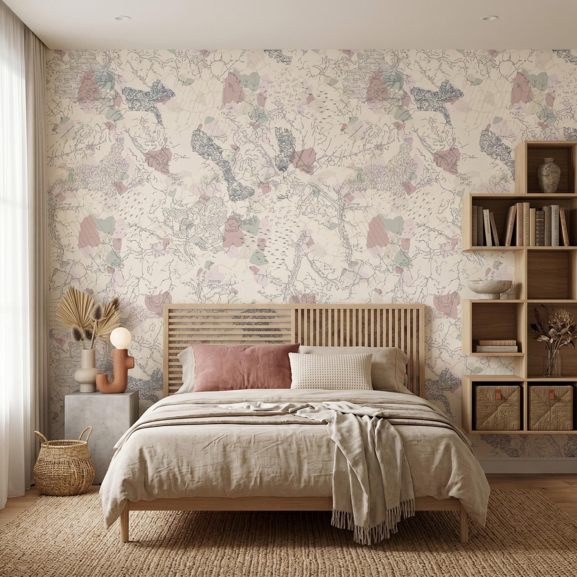 Vintage Abstract Map Wallpaper Peel and Stick, Pastel Cartography Wall Mural, Neutral Boho Room Decor, Removable Topography Wallpaper-WP0107