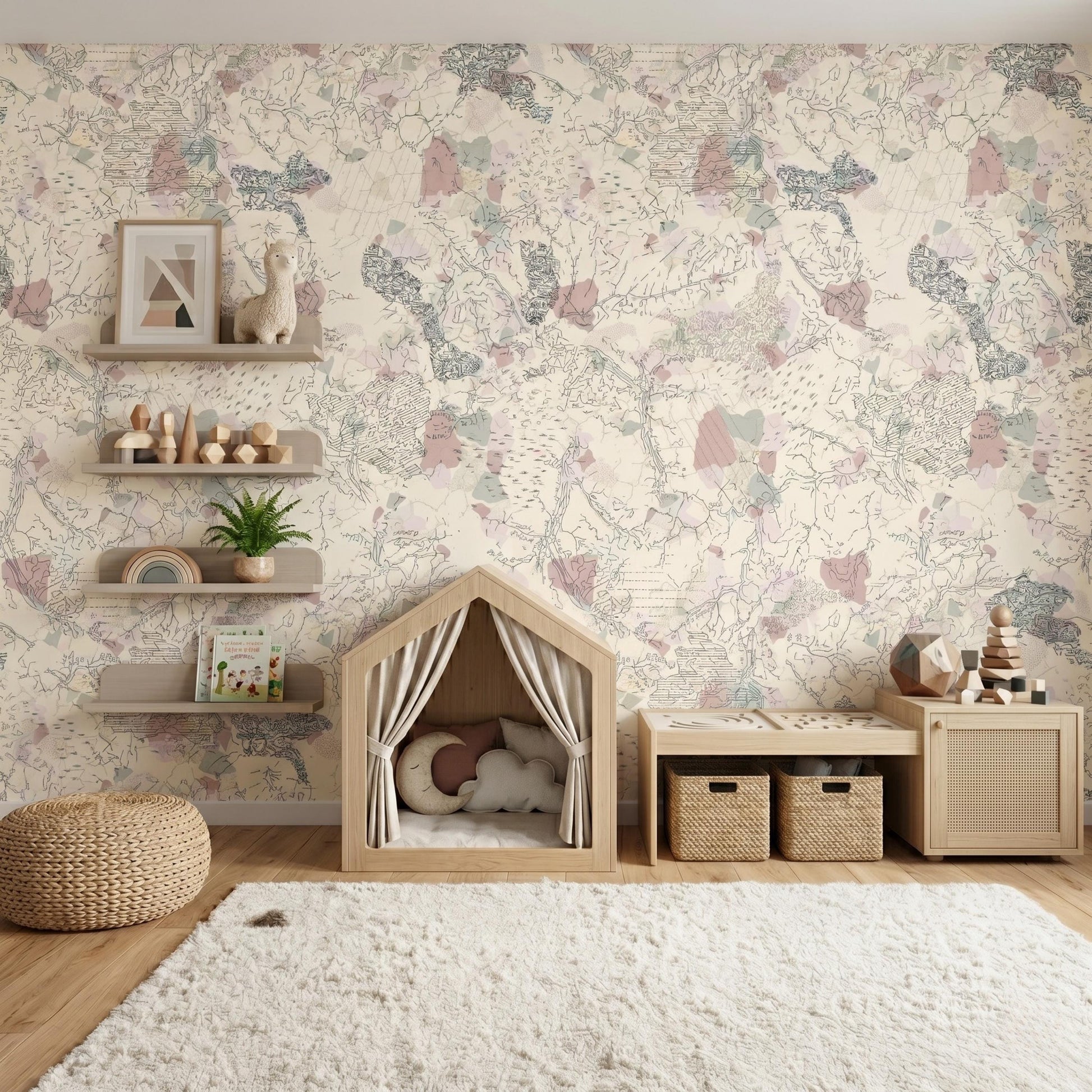 Vintage Abstract Map Wallpaper Peel and Stick, Pastel Cartography Wall Mural, Neutral Boho Room Decor, Removable Topography Wallpaper-WP0107