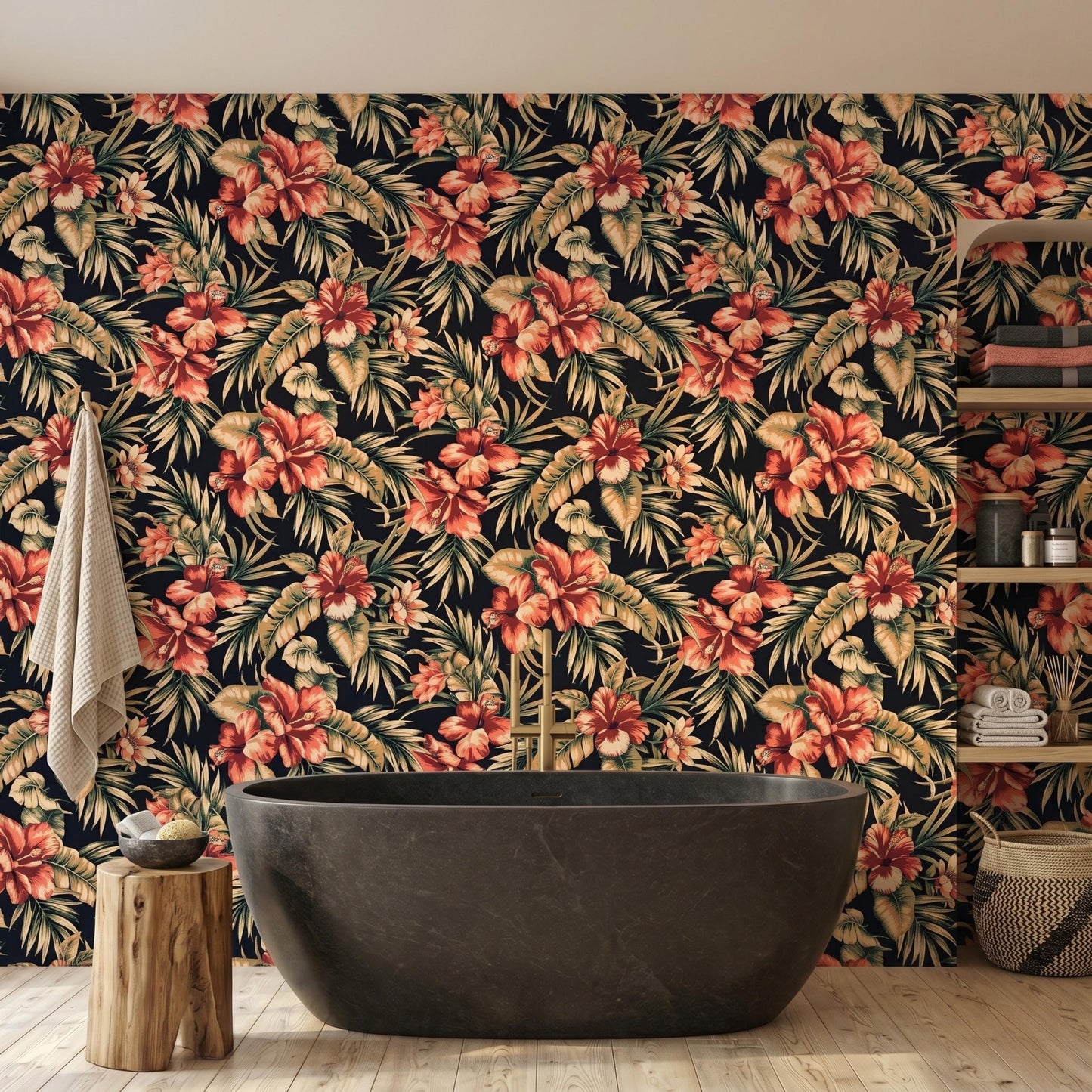 Dark Tropical Floral Wallpaper, Moody Red Hibiscus Wall Mural, Botanical Peel and Stick Wallpaper, Maximalist Decor-WP0108