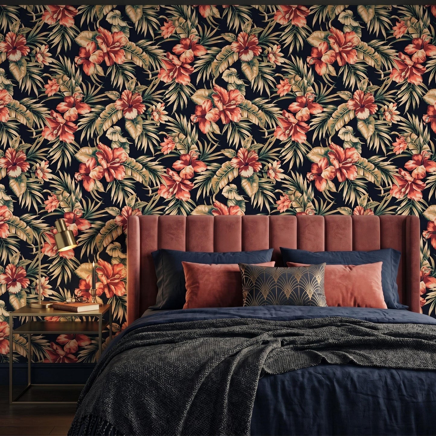 Dark Tropical Floral Wallpaper, Moody Red Hibiscus Wall Mural, Botanical Peel and Stick Wallpaper, Maximalist Decor-WP0108