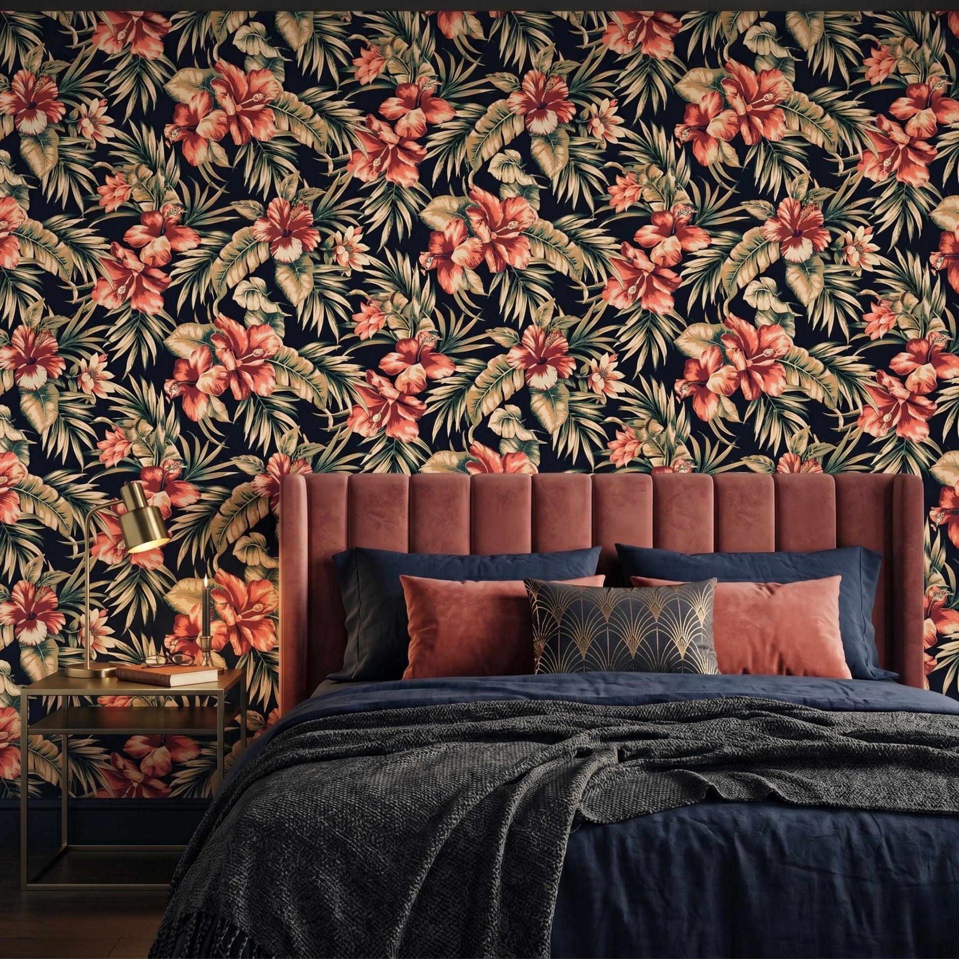 Dark Tropical Floral Wallpaper, Moody Red Hibiscus Wall Mural, Botanical Peel and Stick Wallpaper, Maximalist Decor-WP0108