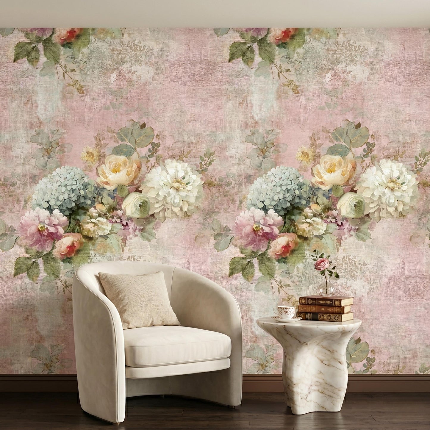 Blush Pink Shabby Chic Floral Wallpaper, Peel and Stick Victorian Rose Mural, Romantic Coquette Room Aesthetic, Antique Flower Decor-WP0109