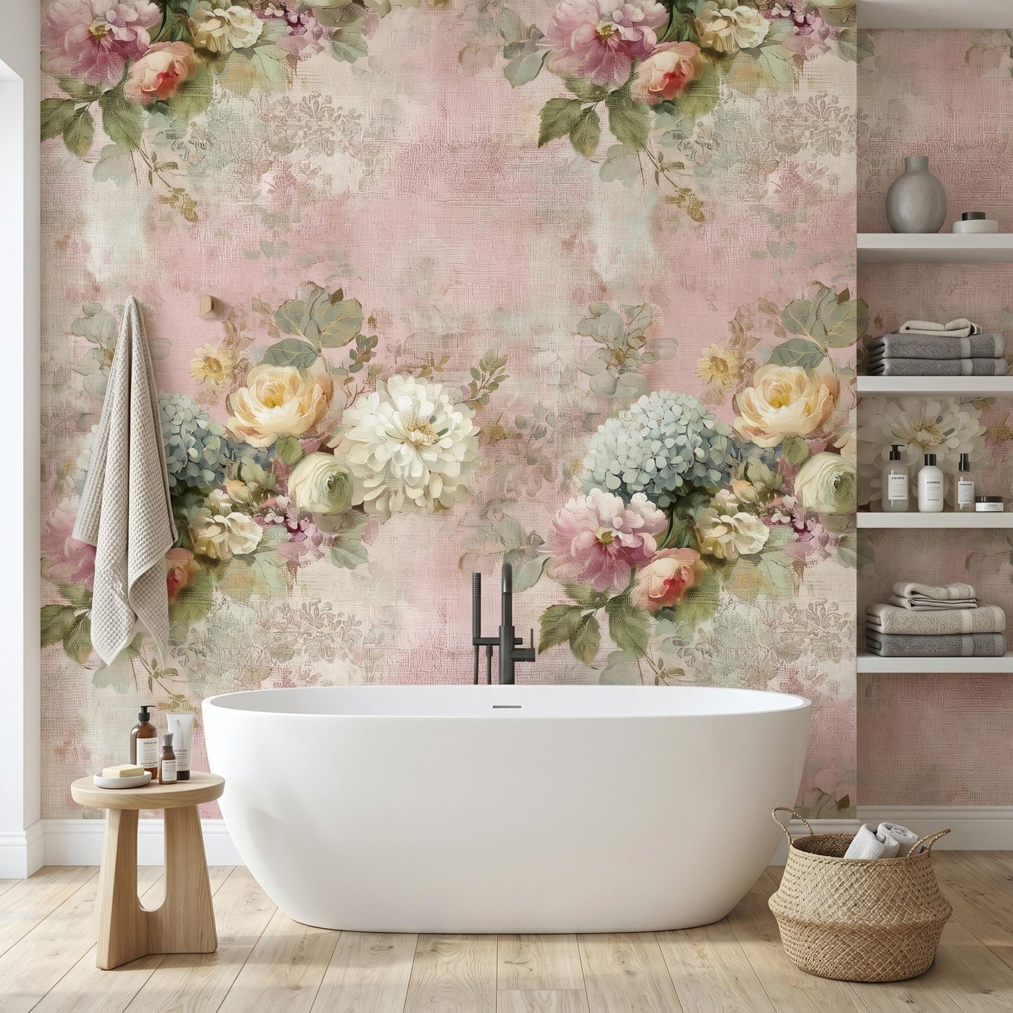 Blush Pink Shabby Chic Floral Wallpaper, Peel and Stick Victorian Rose Mural, Romantic Coquette Room Aesthetic, Antique Flower Decor-WP0109