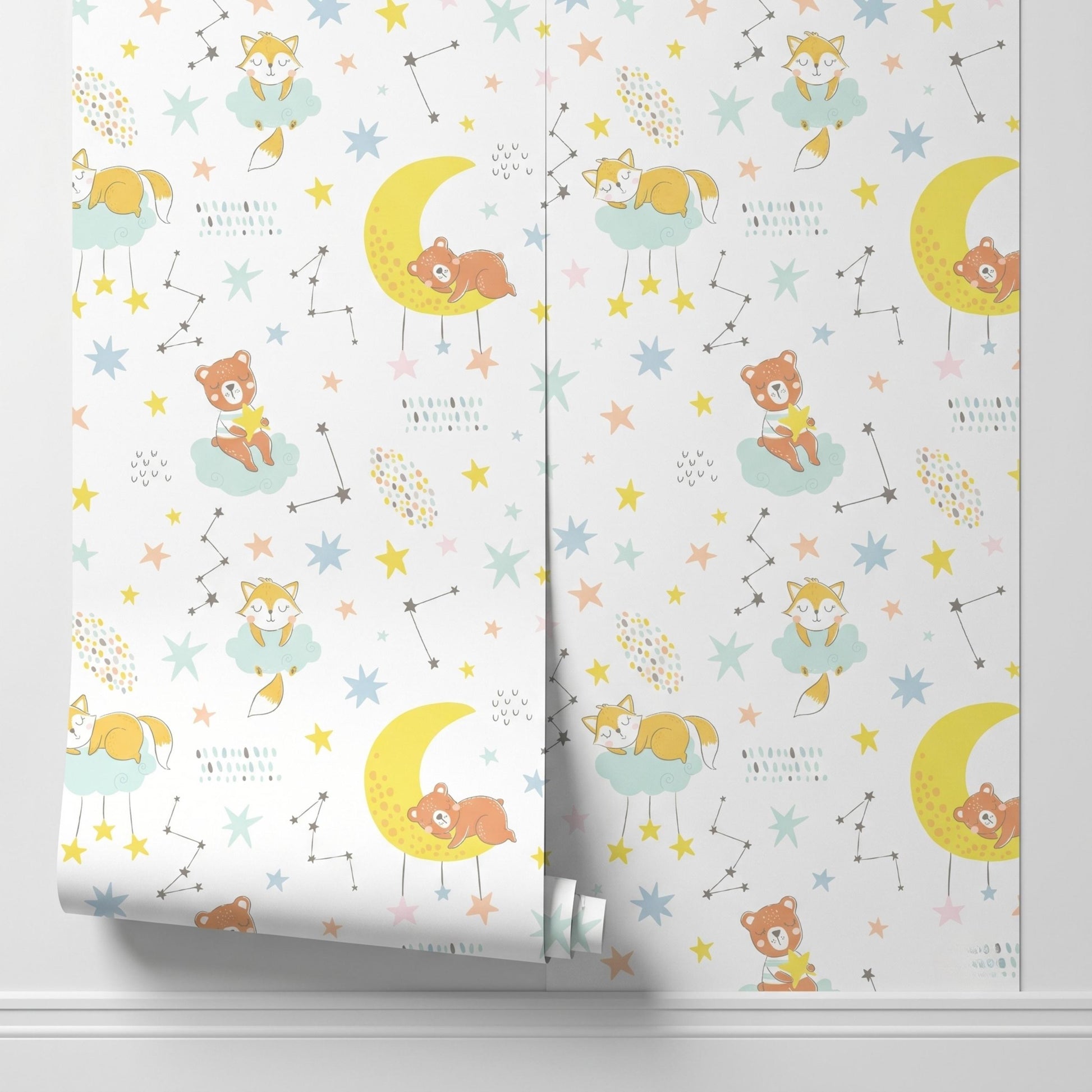 Celestial Animal Nursery Moon and Stars Peel and Stick Wallpaper, Whimsical Kids Room Decor, Gender Neutral Baby Room Wall Murall-WP0139
