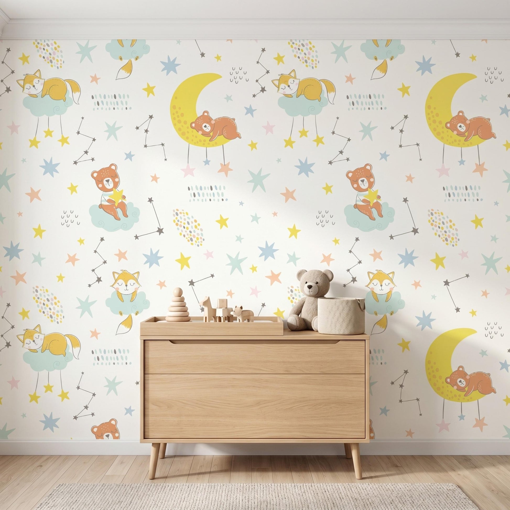 Celestial Animal Nursery Moon and Stars Peel and Stick Wallpaper, Whimsical Kids Room Decor, Gender Neutral Baby Room Wall Murall-WP0139