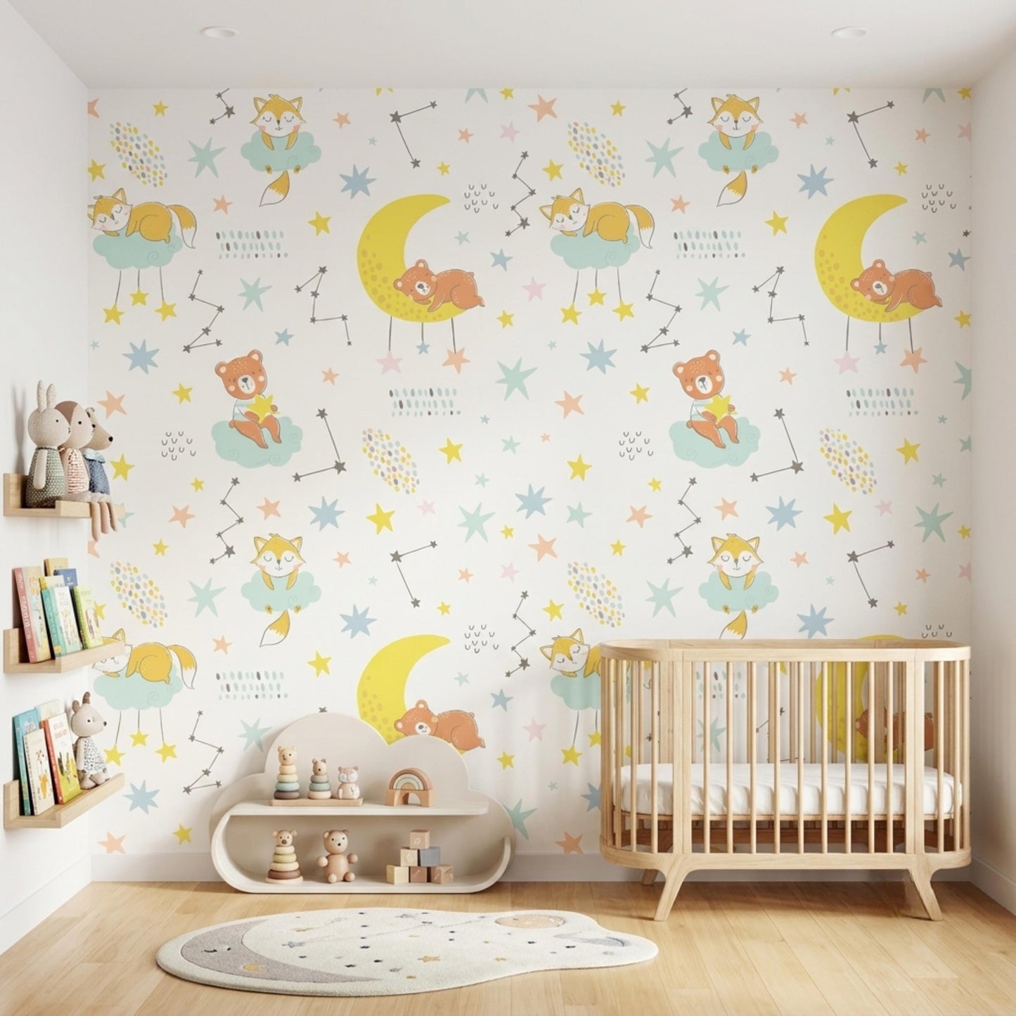 Celestial Animal Nursery Moon and Stars Peel and Stick Wallpaper, Whimsical Kids Room Decor, Gender Neutral Baby Room Wall Murall-WP0139