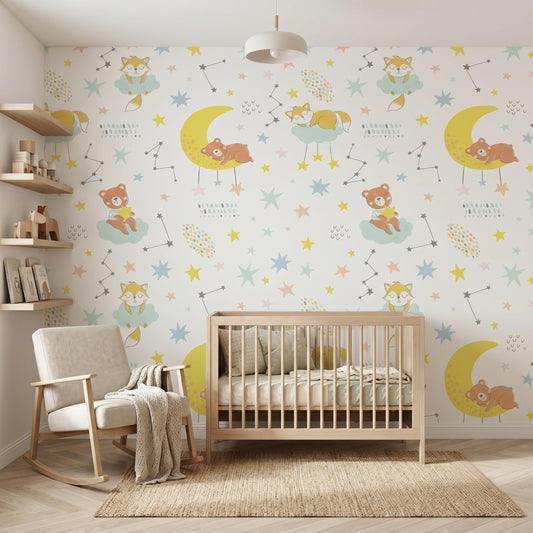 Celestial Animal Nursery Moon and Stars Peel and Stick Wallpaper, Whimsical Kids Room Decor, Gender Neutral Baby Room Wall Murall-WP0139