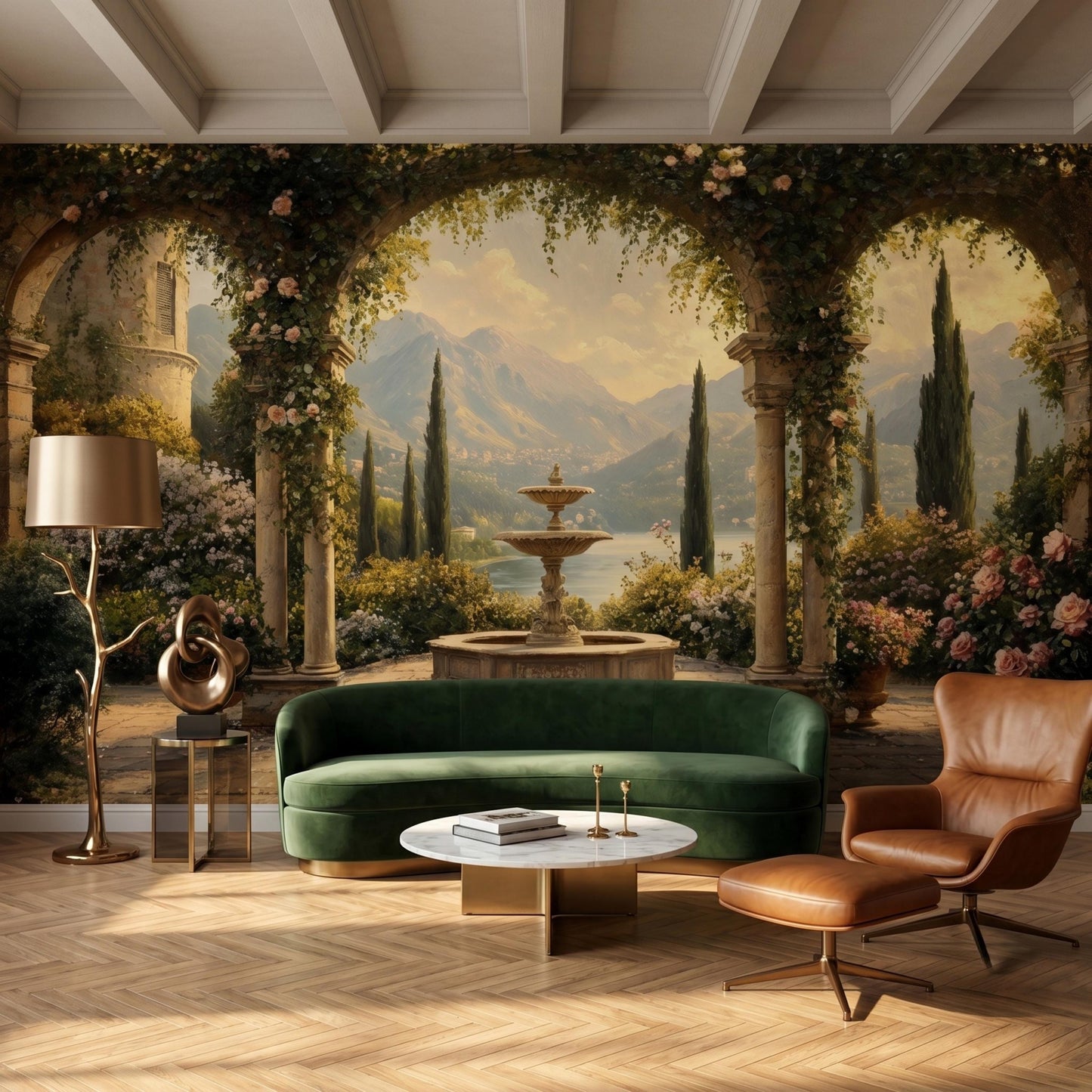 Vintage Italian Terrace Scenic Wall Mural, Romantic Mediterranean Landscape Wallpaper, Tuscan Garden Home Decor, Old World Mural-WP0140