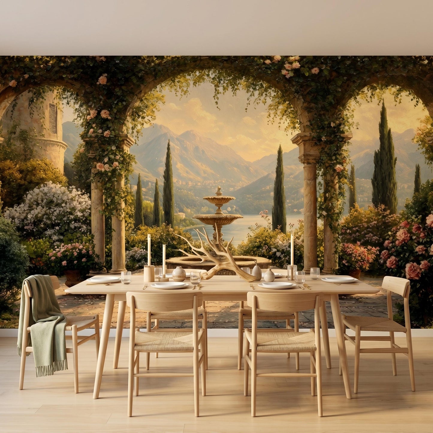 Vintage Italian Terrace Scenic Wall Mural, Romantic Mediterranean Landscape Wallpaper, Tuscan Garden Home Decor, Old World Mural-WP0140