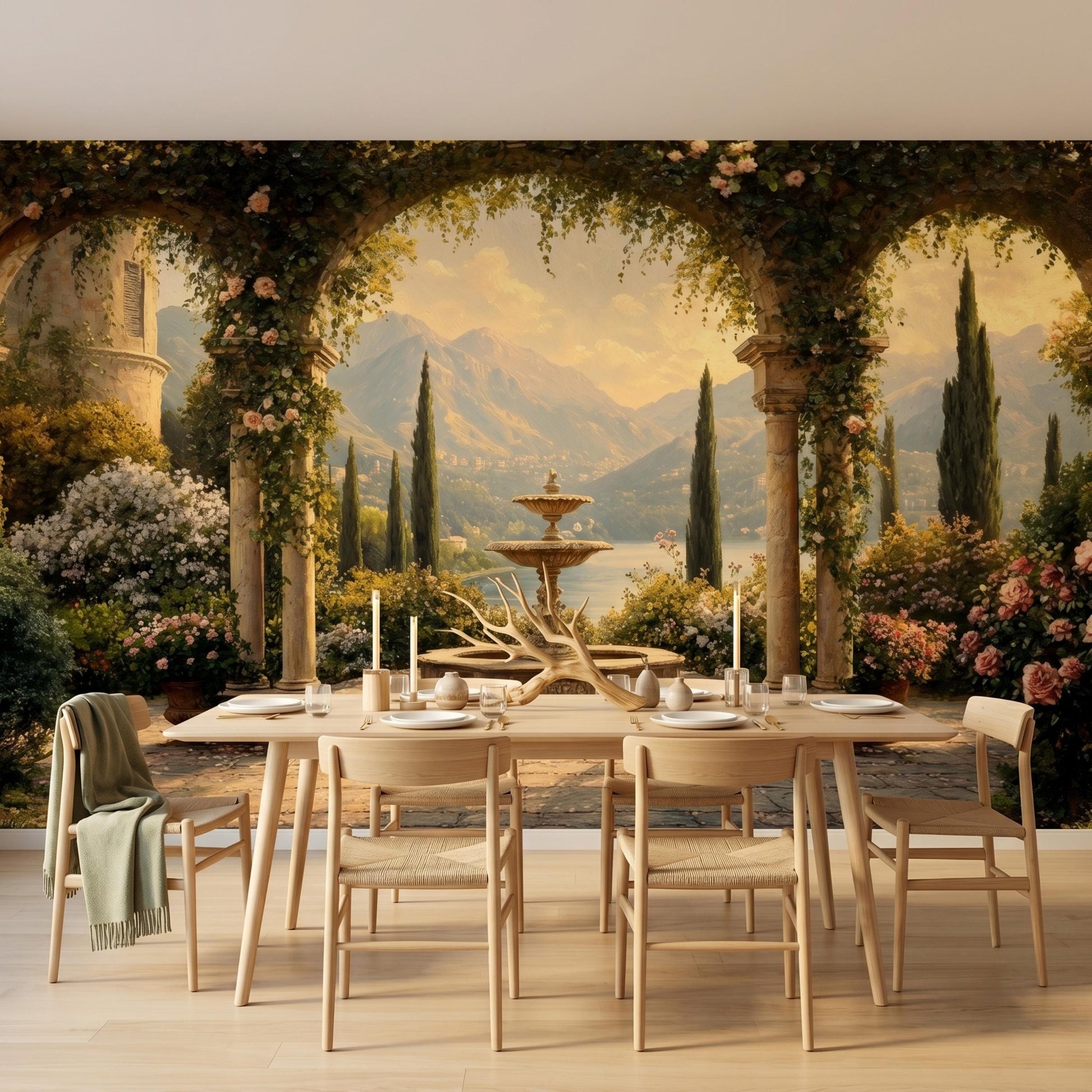 Vintage Italian Terrace Scenic Wall Mural, Romantic Mediterranean Landscape Wallpaper, Tuscan Garden Home Decor, Old World Mural-WP0140