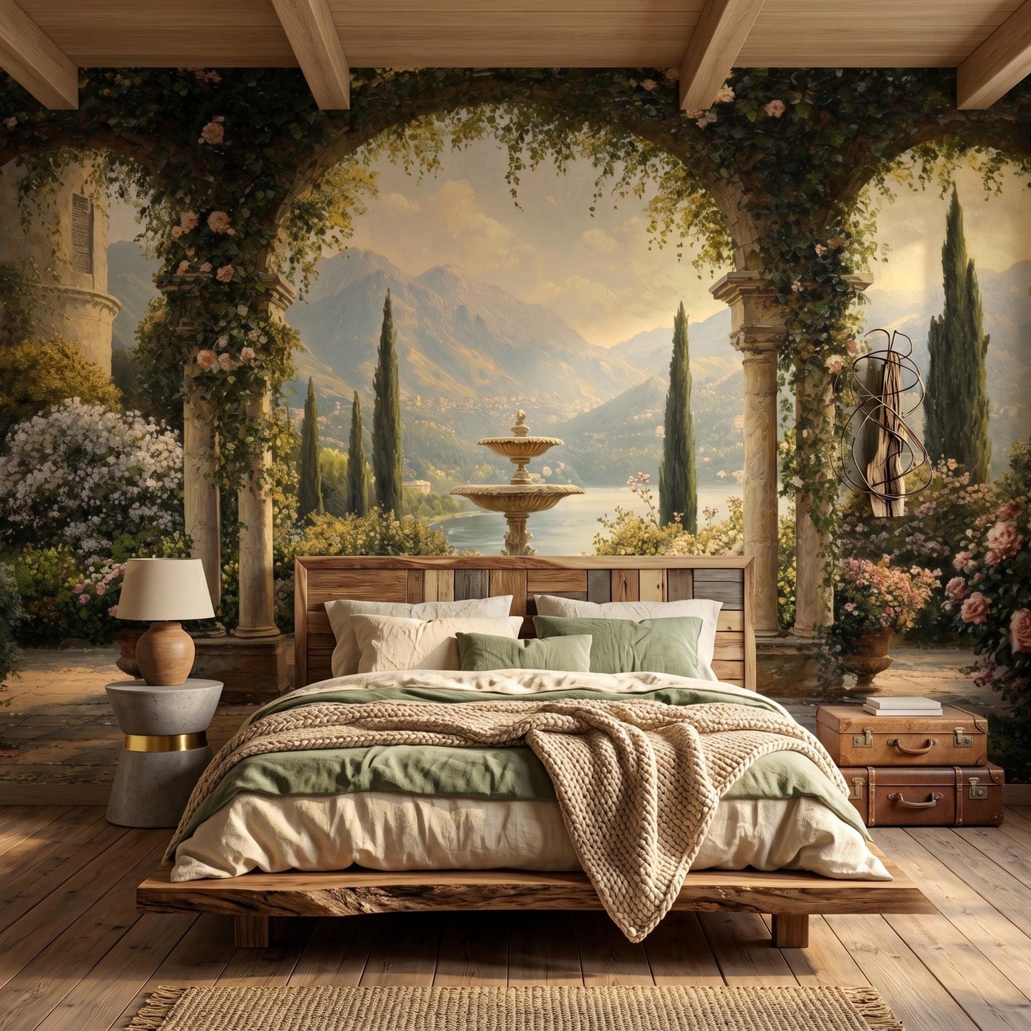 Vintage Italian Terrace Scenic Wall Mural, Romantic Mediterranean Landscape Wallpaper, Tuscan Garden Home Decor, Old World Mural-WP0140