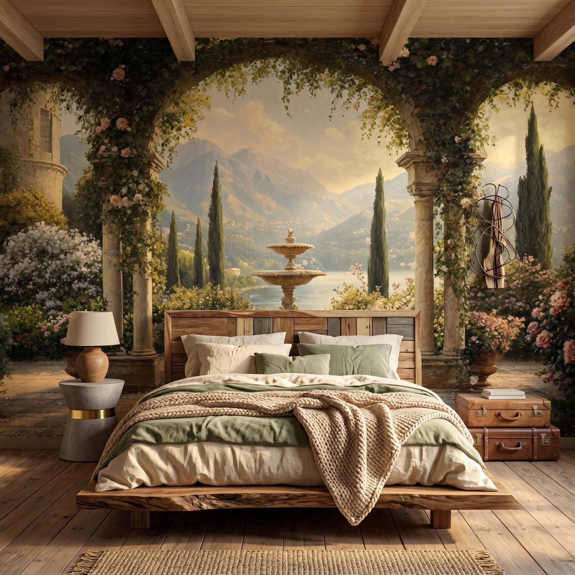 Vintage Italian Terrace Scenic Wall Mural, Romantic Mediterranean Landscape Wallpaper, Tuscan Garden Home Decor, Old World Mural-WP0140