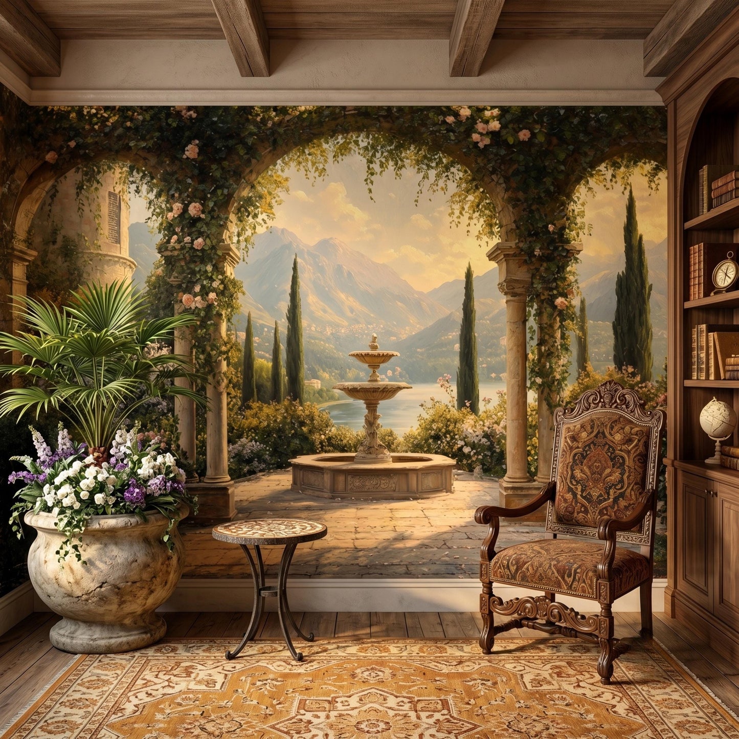 Vintage Italian Terrace Scenic Wall Mural, Romantic Mediterranean Landscape Wallpaper, Tuscan Garden Home Decor, Old World Mural-WP0140