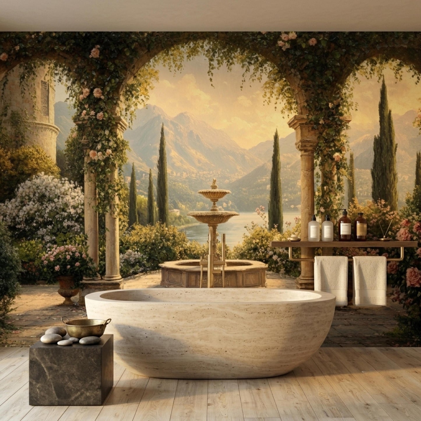 Vintage Italian Terrace Scenic Wall Mural, Romantic Mediterranean Landscape Wallpaper, Tuscan Garden Home Decor, Old World Mural-WP0140