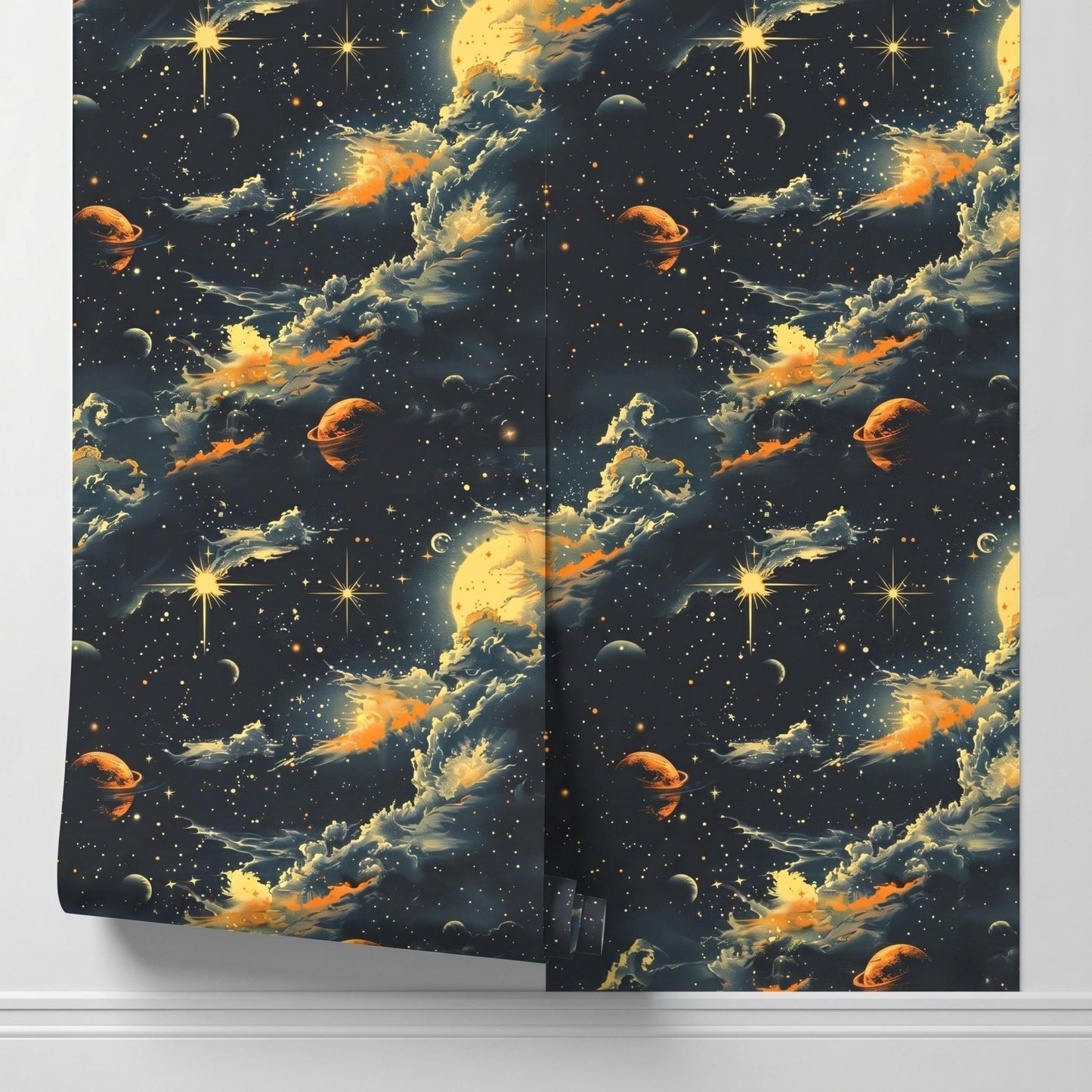 Dark Academia Space Wallpaper, Vintage Celestial Wall Mural, Peel and Stick Gold Nebula Wallpaper, Cosmic Dining Room Accent Wall-WP0141
