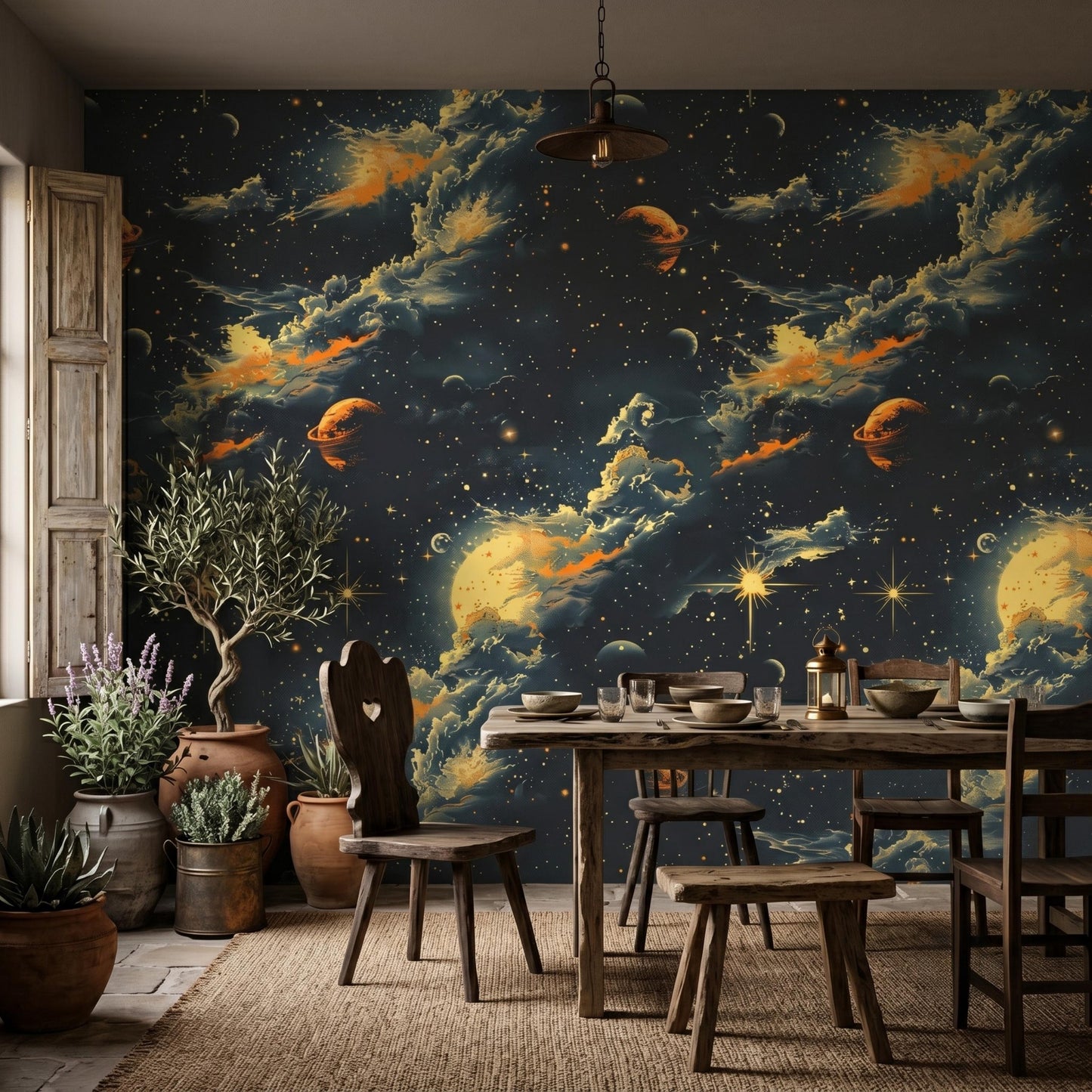 Dark Academia Space Wallpaper, Vintage Celestial Wall Mural, Peel and Stick Gold Nebula Wallpaper, Cosmic Dining Room Accent Wall-WP0141