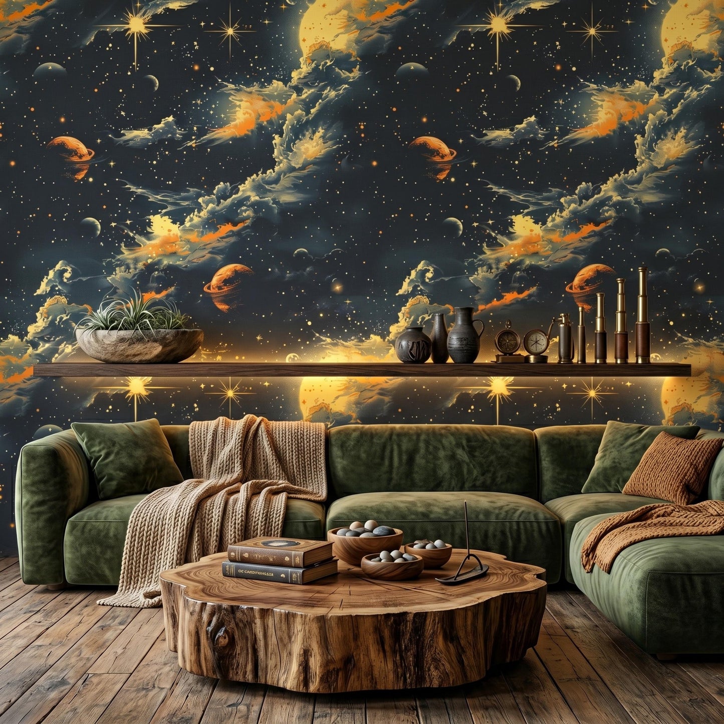 Dark Academia Space Wallpaper, Vintage Celestial Wall Mural, Peel and Stick Gold Nebula Wallpaper, Cosmic Dining Room Accent Wall-WP0141