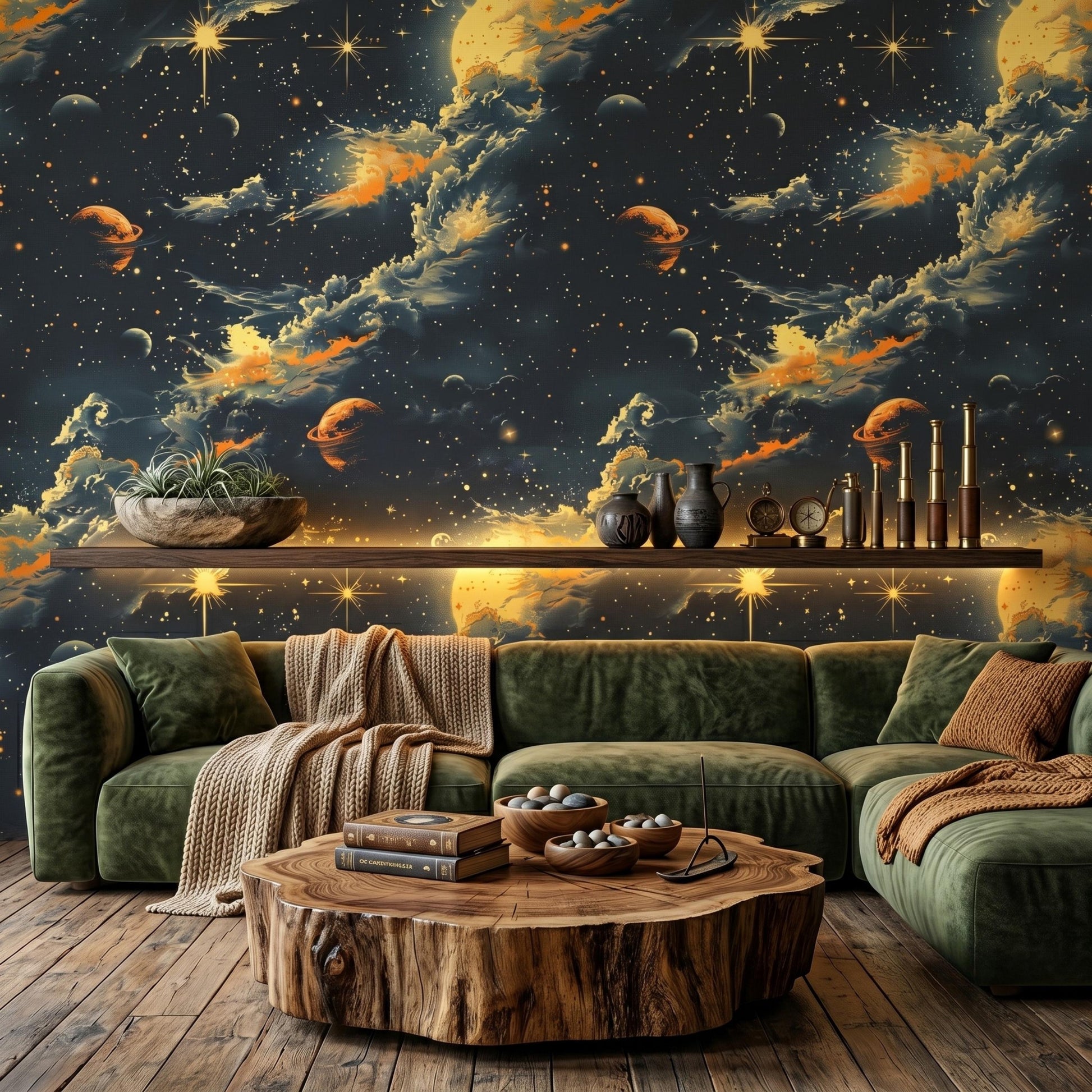 Dark Academia Space Wallpaper, Vintage Celestial Wall Mural, Peel and Stick Gold Nebula Wallpaper, Cosmic Dining Room Accent Wall-WP0141