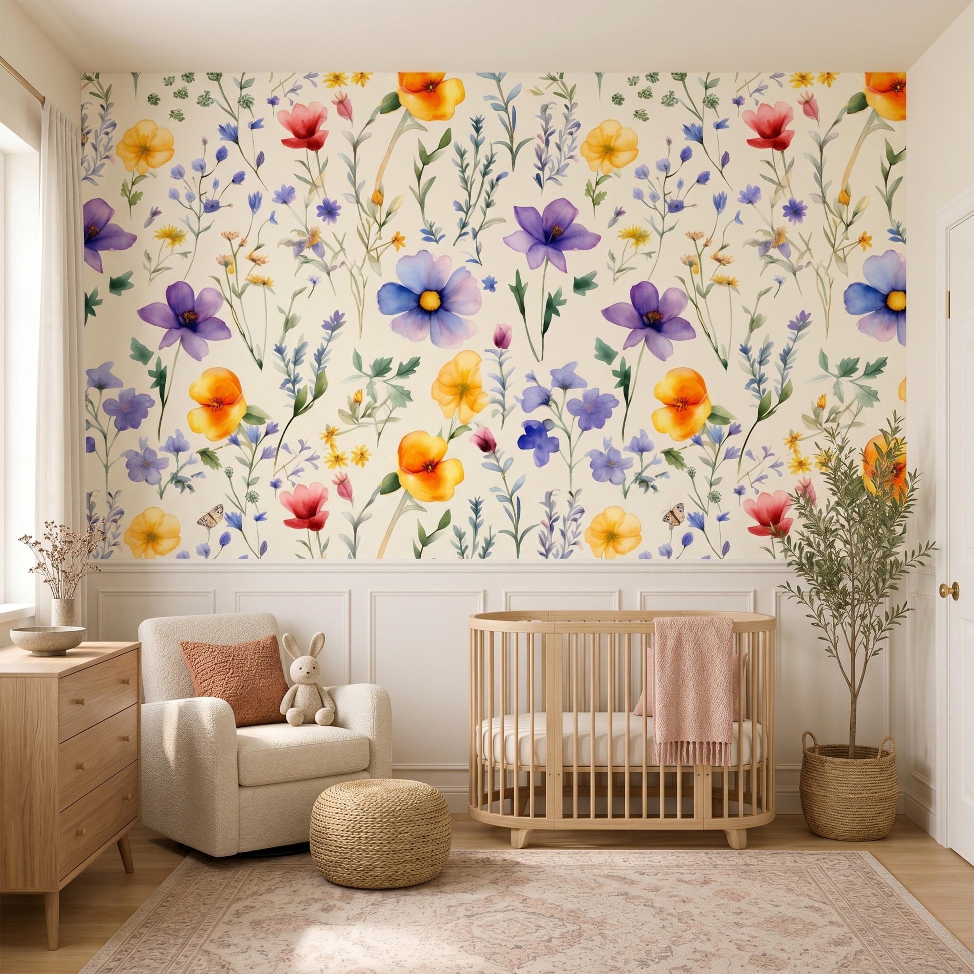 Cream Watercolor Wildflower Nursery Wallpaper, Whimsical Floral Baby Girl Room Decor, Pastel Meadow Peel and Stick Wall Mural-WP0110