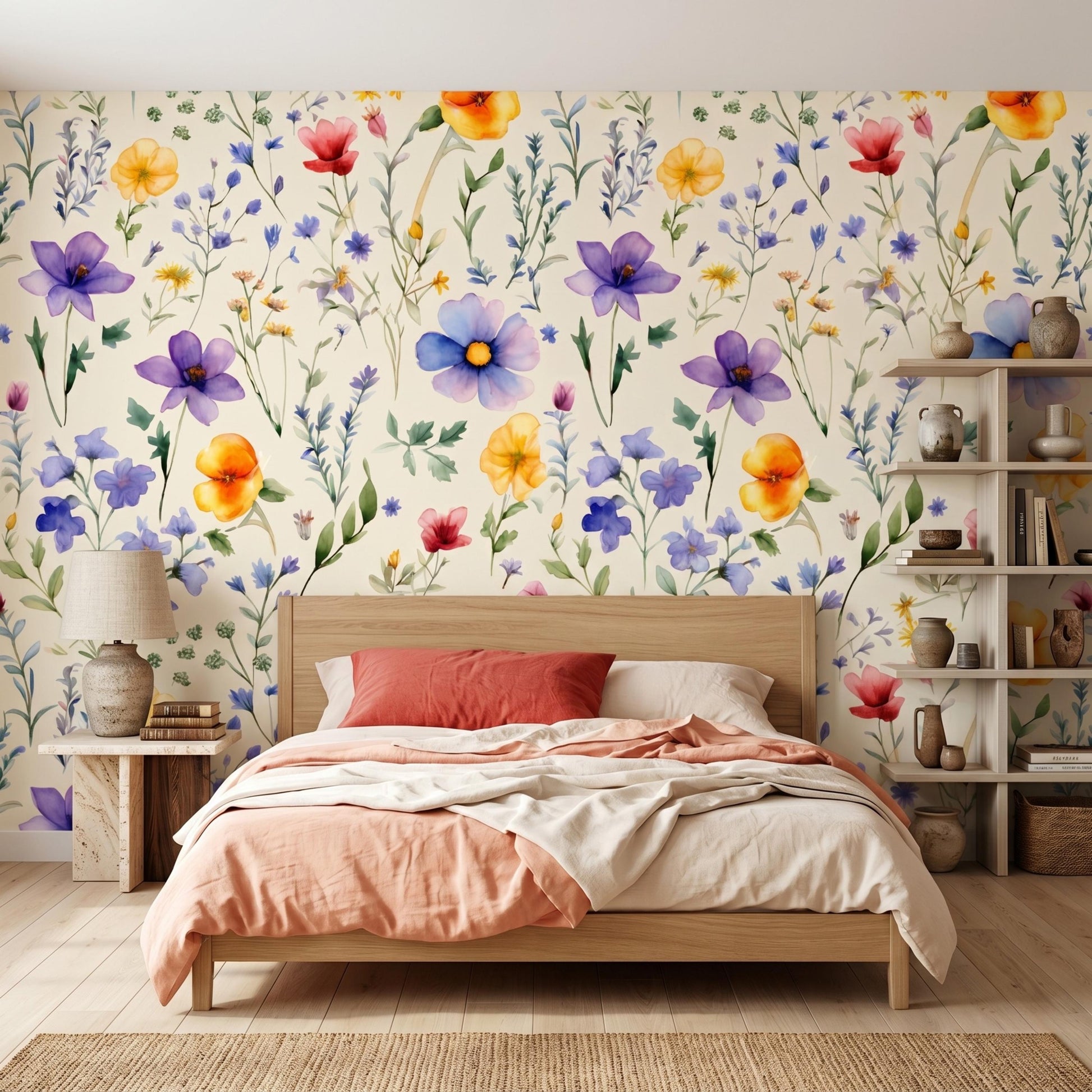Cream Watercolor Wildflower Nursery Wallpaper, Whimsical Floral Baby Girl Room Decor, Pastel Meadow Peel and Stick Wall Mural-WP0110