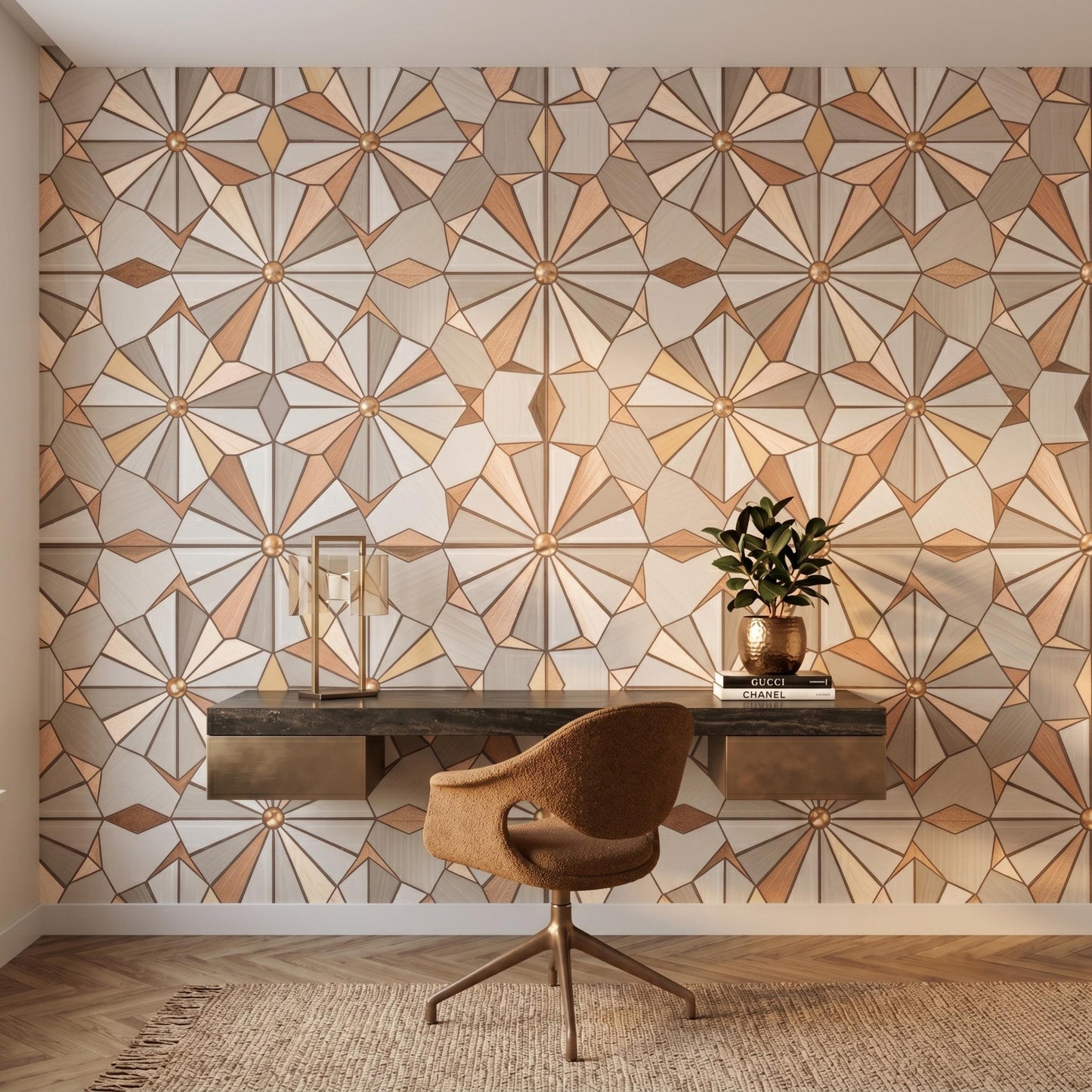 Tan Art Deco Geometric Wood Style Wallpaper, Neutral Mid Century 3D Mural, Earth Tone Peel and Stick Wall Decor for Home Office-WP0111