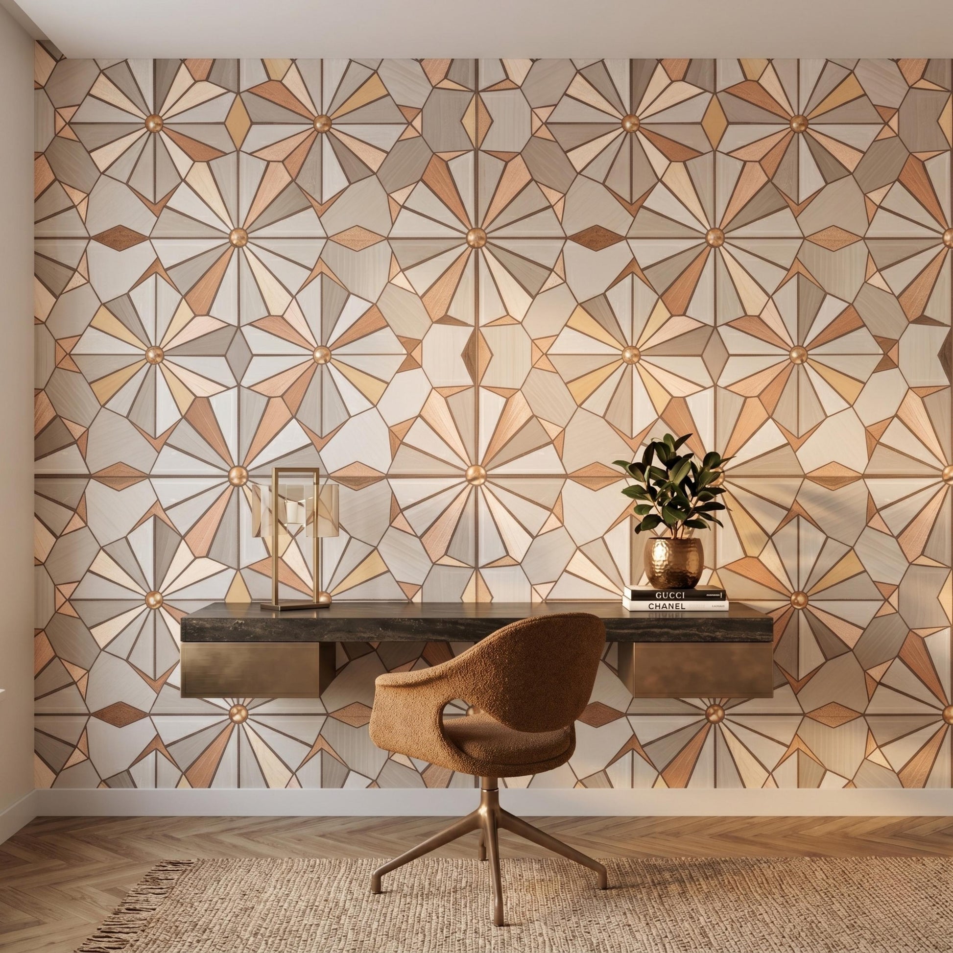 Tan Art Deco Geometric Wood Style Wallpaper, Neutral Mid Century 3D Mural, Earth Tone Peel and Stick Wall Decor for Home Office-WP0111