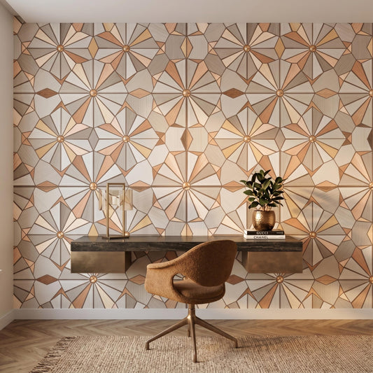 Tan Art Deco Geometric Wood Style Wallpaper, Neutral Mid Century 3D Mural, Earth Tone Peel and Stick Wall Decor for Home Office-WP0111