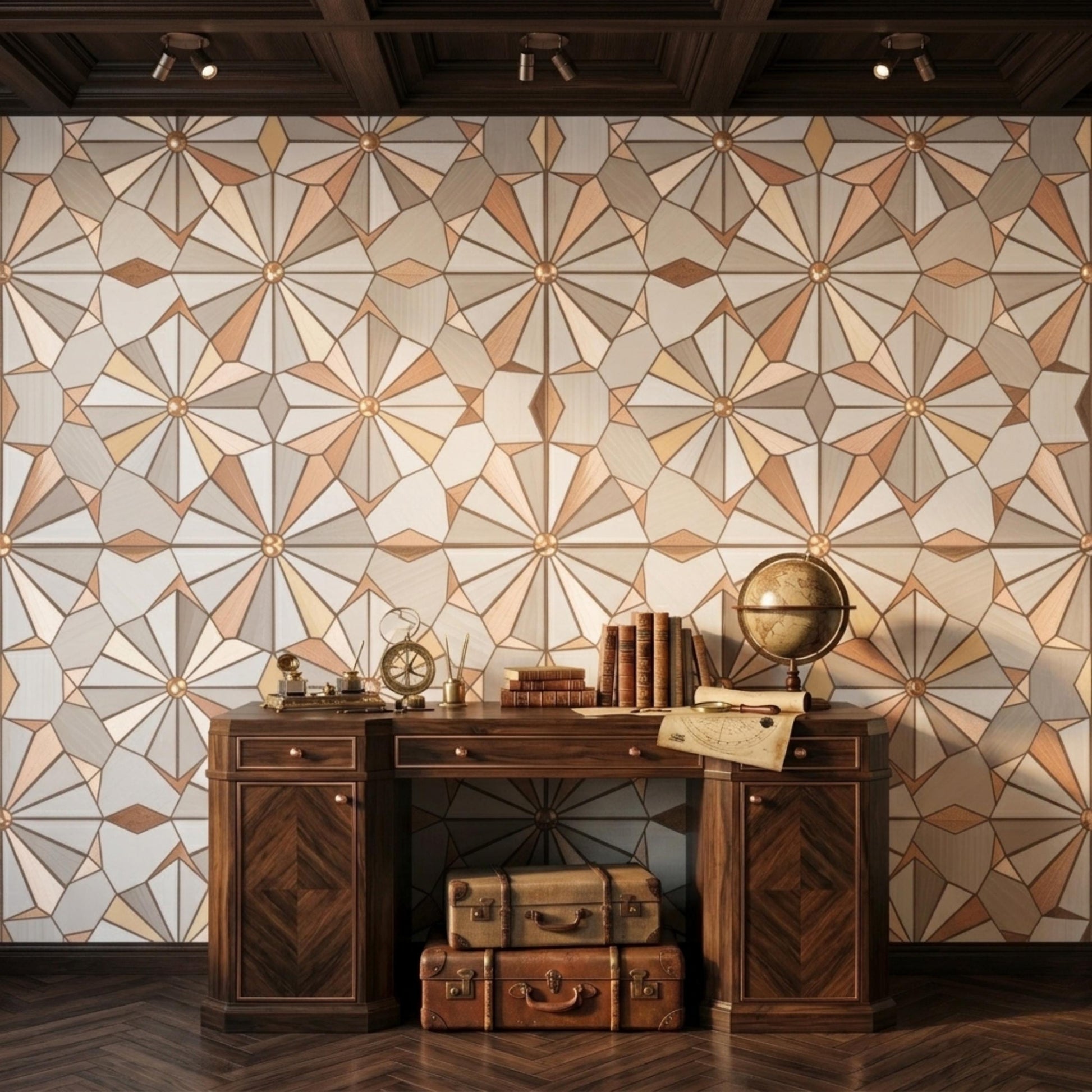 Tan Art Deco Geometric Wood Style Wallpaper, Neutral Mid Century 3D Mural, Earth Tone Peel and Stick Wall Decor for Home Office-WP0111