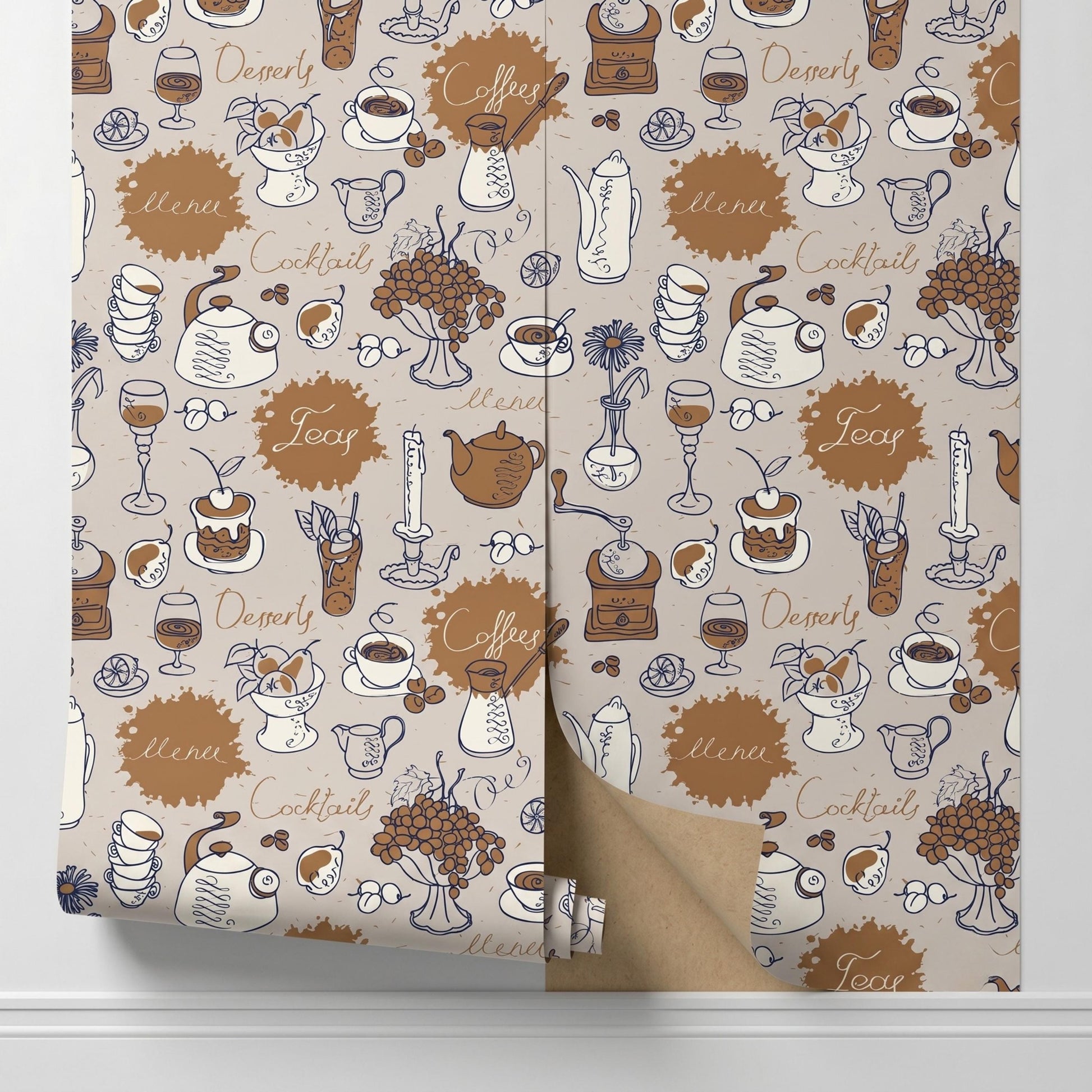 Cafe Sketch Brick Wall Wallpaper, Vintage Coffee Shop Kitchen Decor, Rustic Bistro Removable Mural, Hand Drawn Restaurant Wall Art-WP0142