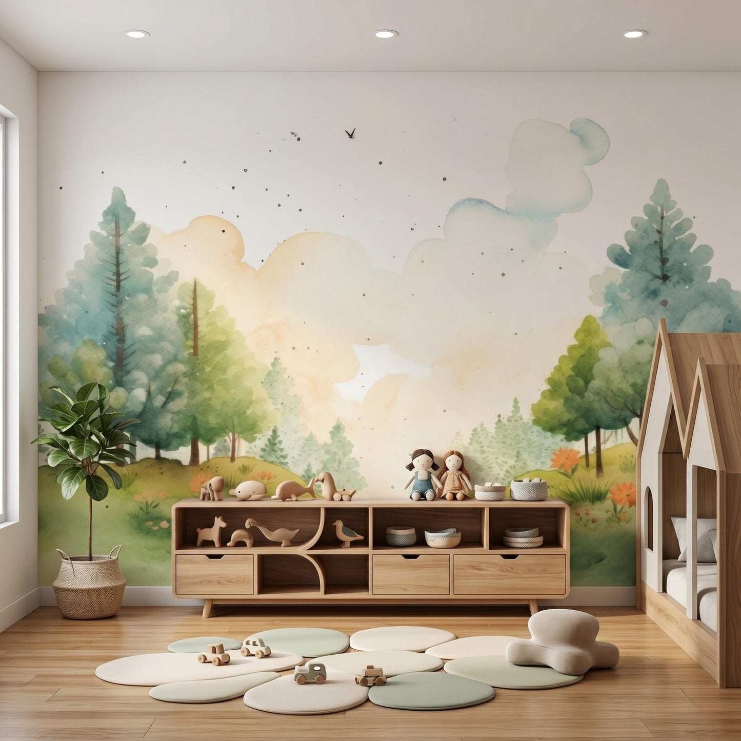 Watercolor Forest Wall Mural | Woodland Nursery Wallpaper | Soft Green Tree Landscape | Whimsical Kids Room Decor | Nature Theme-WP0112