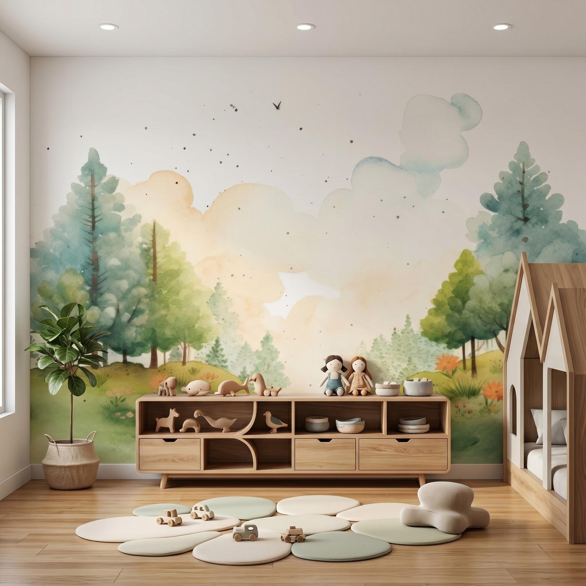 Watercolor Forest Wall Mural | Woodland Nursery Wallpaper | Soft Green Tree Landscape | Whimsical Kids Room Decor | Nature Theme-WP0112