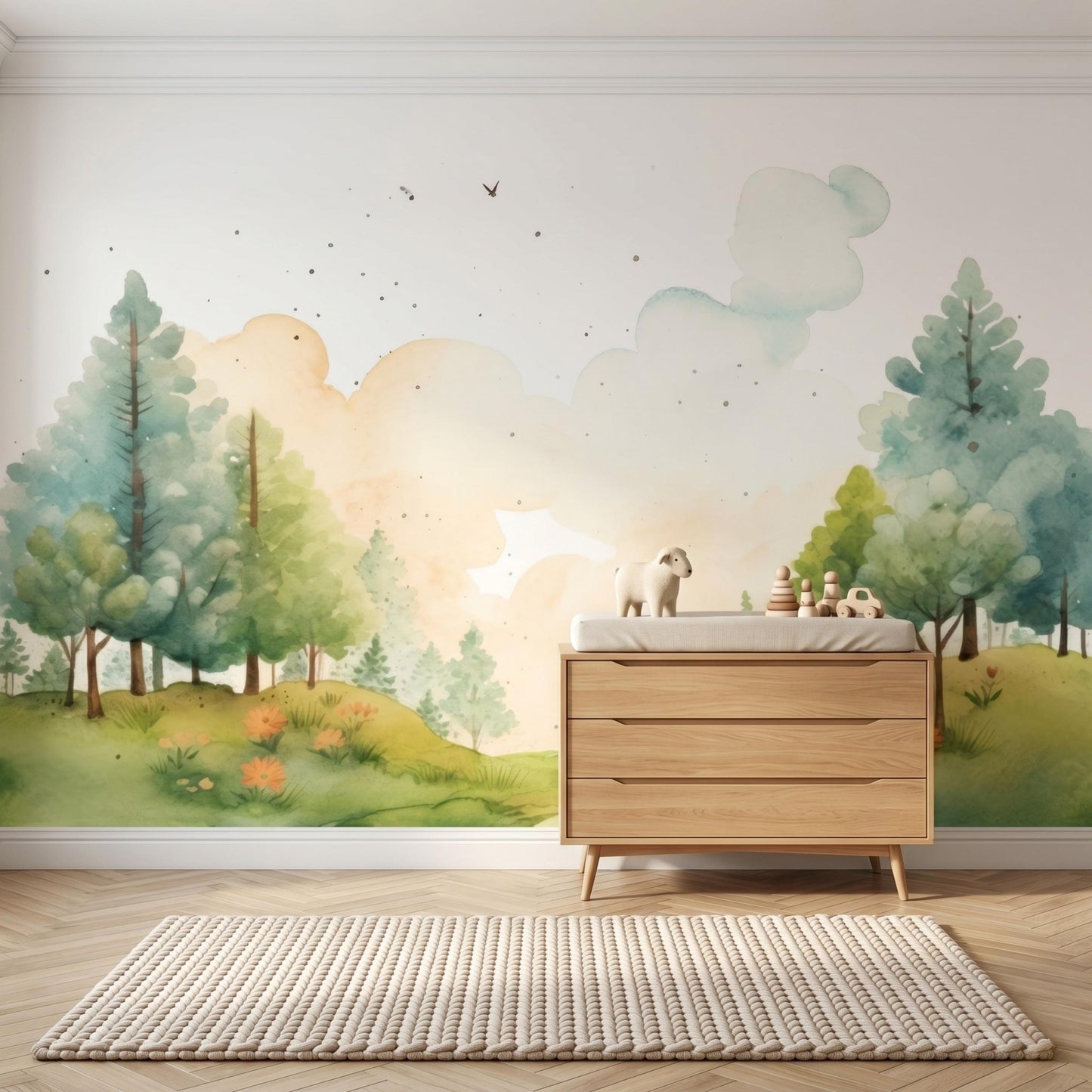 Watercolor Forest Wall Mural | Woodland Nursery Wallpaper | Soft Green Tree Landscape | Whimsical Kids Room Decor | Nature Theme-WP0112