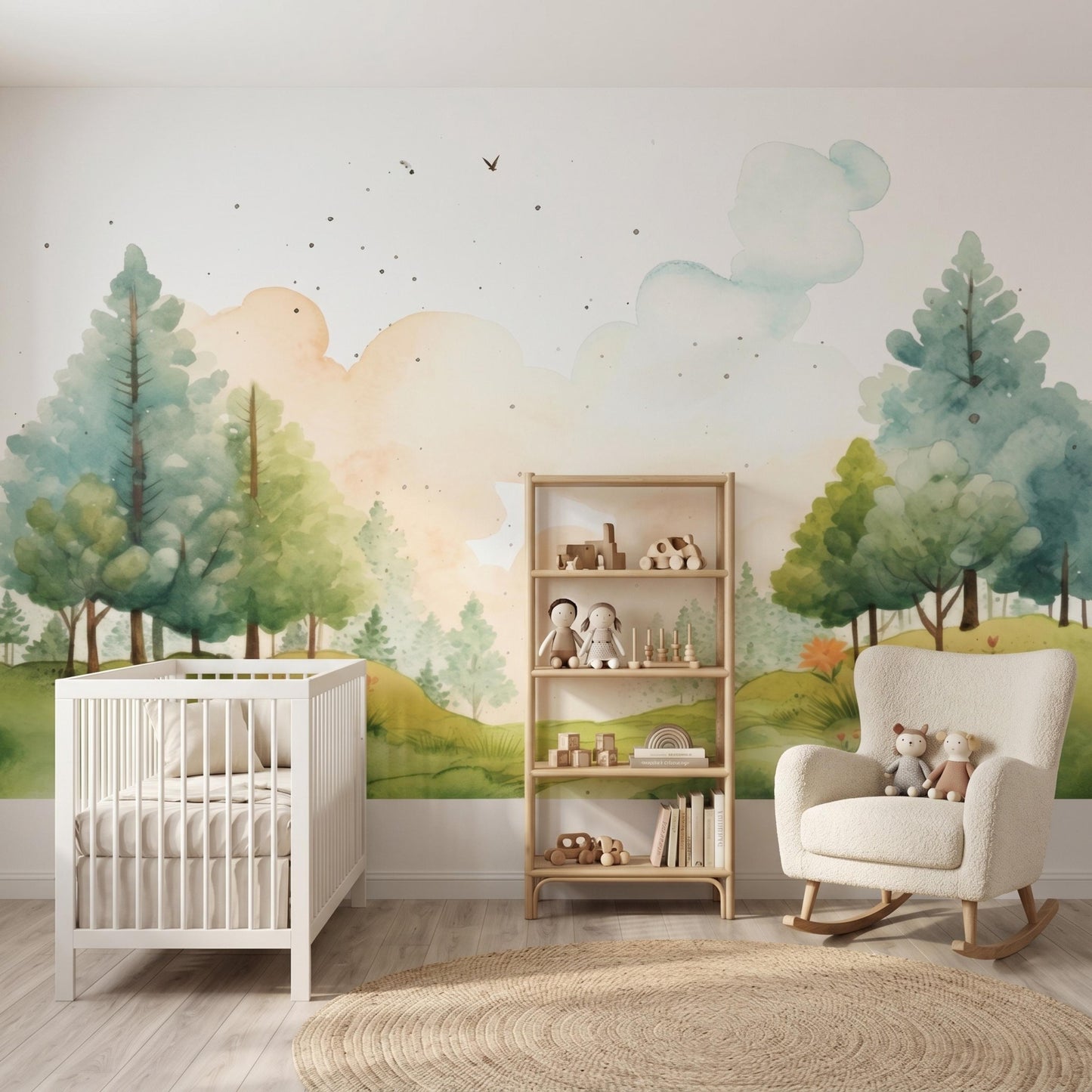 Watercolor Forest Wall Mural | Woodland Nursery Wallpaper | Soft Green Tree Landscape | Whimsical Kids Room Decor | Nature Theme-WP0112