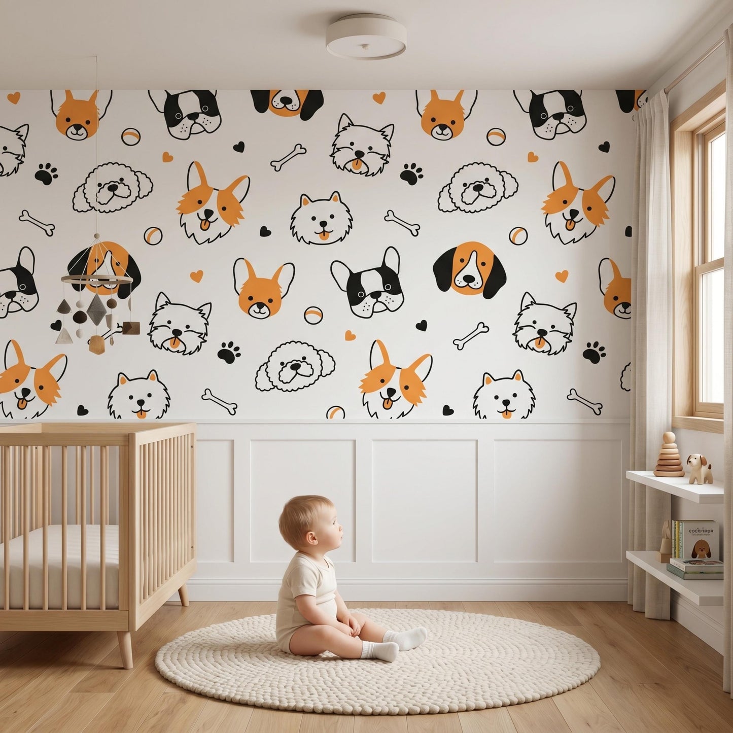 Cute Dog Peel and Stick Wallpaper, Puppy Pattern Nursery Decor, Removable Kids Room Wall Mural-WP0143