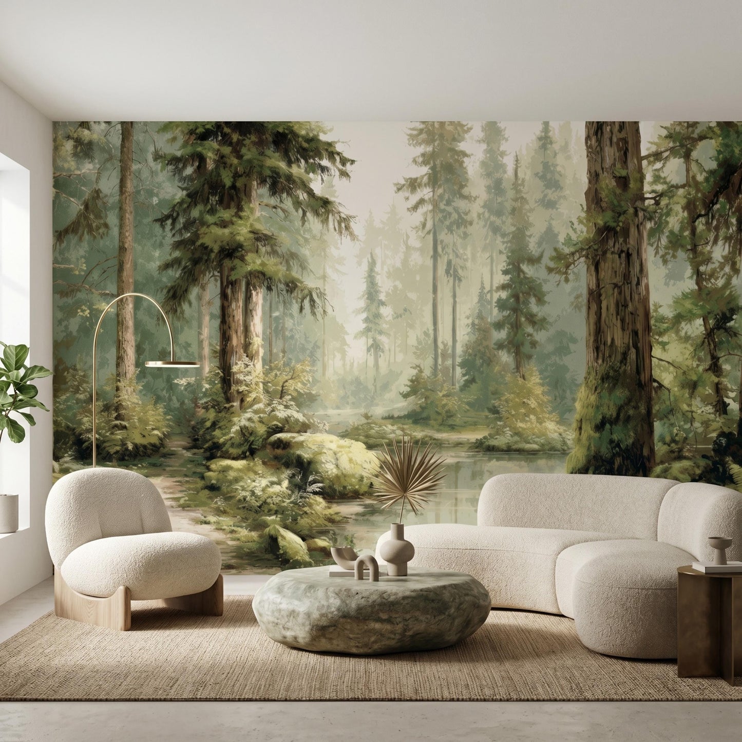 Enchanted Forest Wall Mural, Watercolor Tree Wallpaper, Peel and Stick Vintage Nature Landscape-WP0144