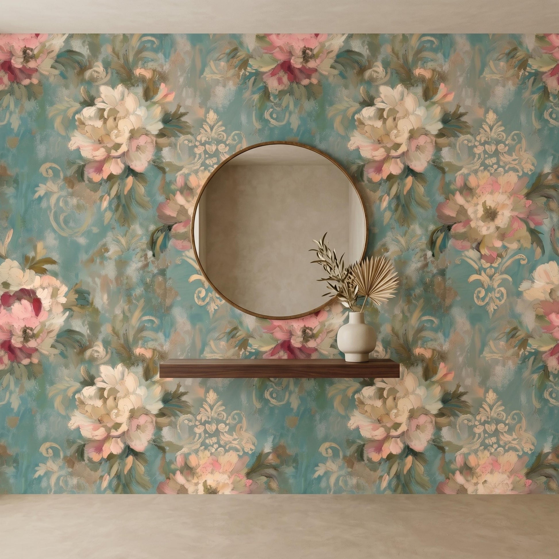 Vintage Oil Painting Floral Wallpaper, Teal Damask Peel and Stick Mural, Elegant Bedroom Decor-WP0145