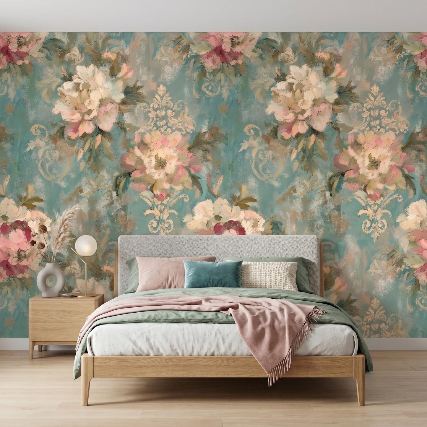 Vintage Oil Painting Floral Wallpaper, Teal Damask Peel and Stick Mural, Elegant Bedroom Decor-WP0145