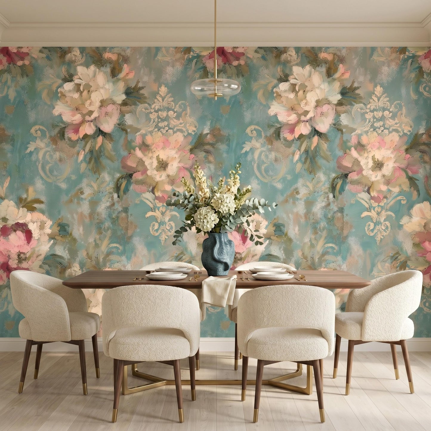 Vintage Oil Painting Floral Wallpaper, Teal Damask Peel and Stick Mural, Elegant Bedroom Decor-WP0145